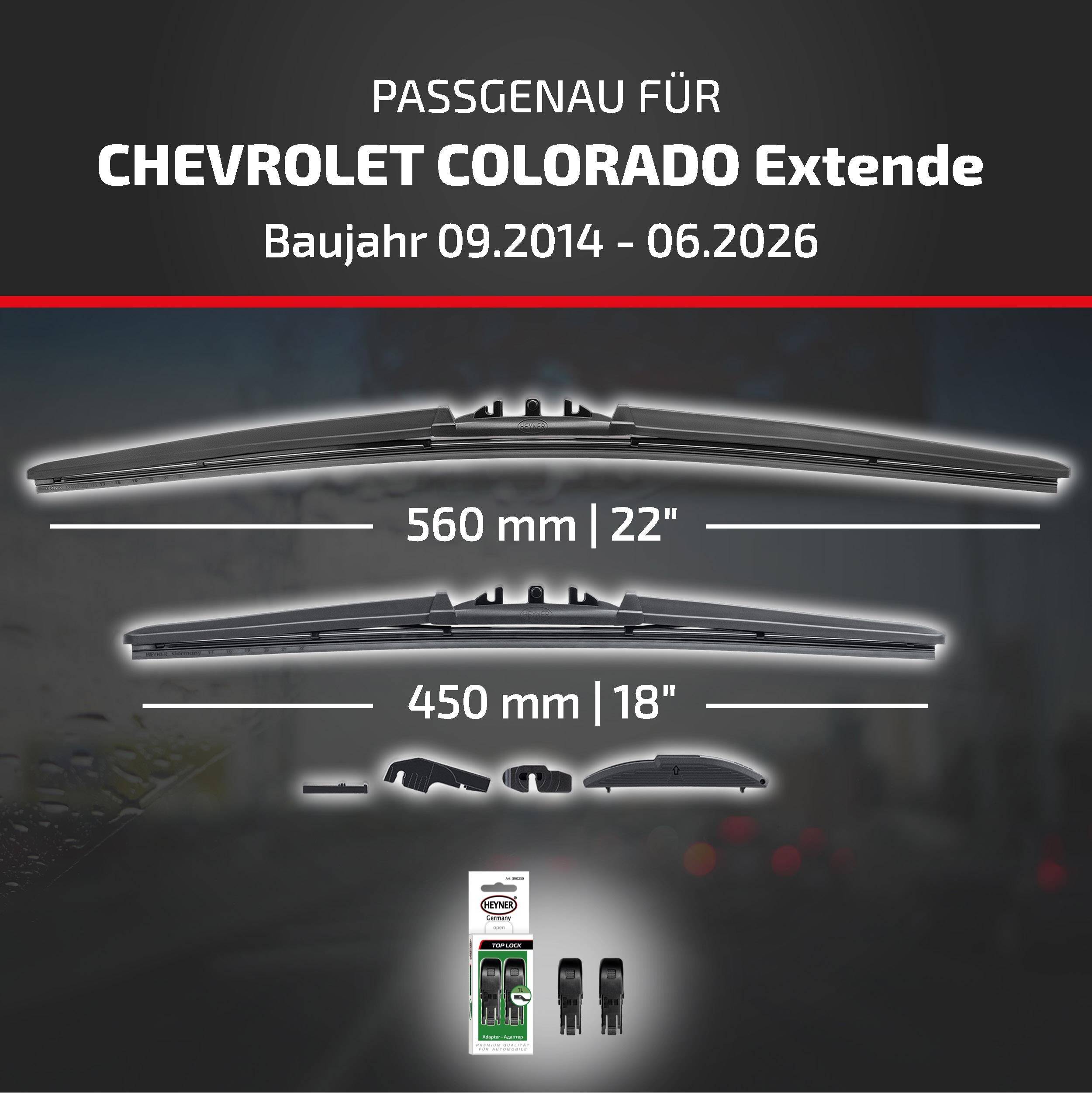 Deutsches Inserat für Scheibenwischer, die mit dem Chevrolet Colorado Extended kompatibel sind, Modelljahre 09/2014–06/2026, Größen 560 mm (22