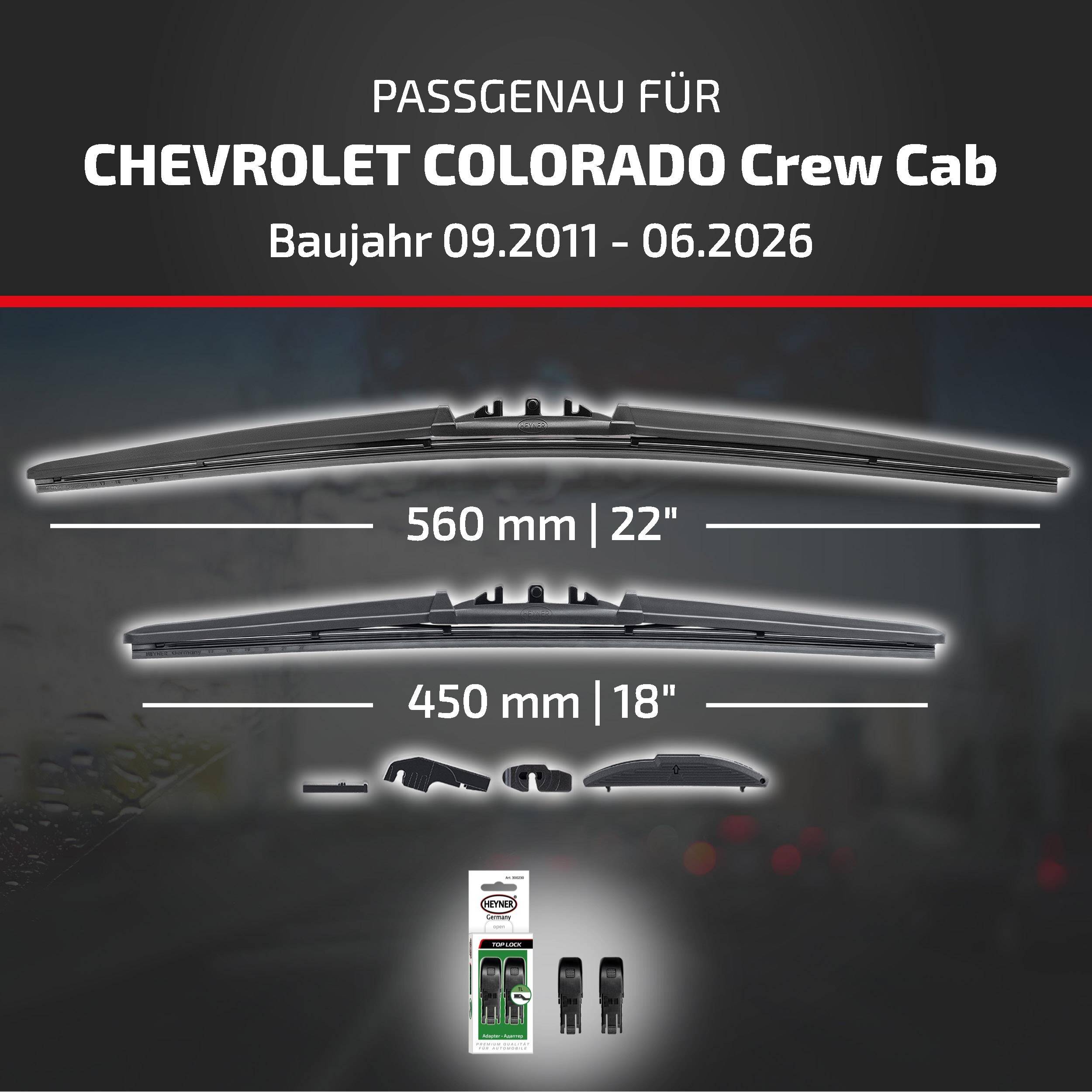 Kompatibles Scheibenwischerset für Chevrolet Colorado Crew Cab, Modelljahre 09/2011-06/2026, mit 560 mm und 450 mm Blättern und enthaltenen Adapterbauteilen.