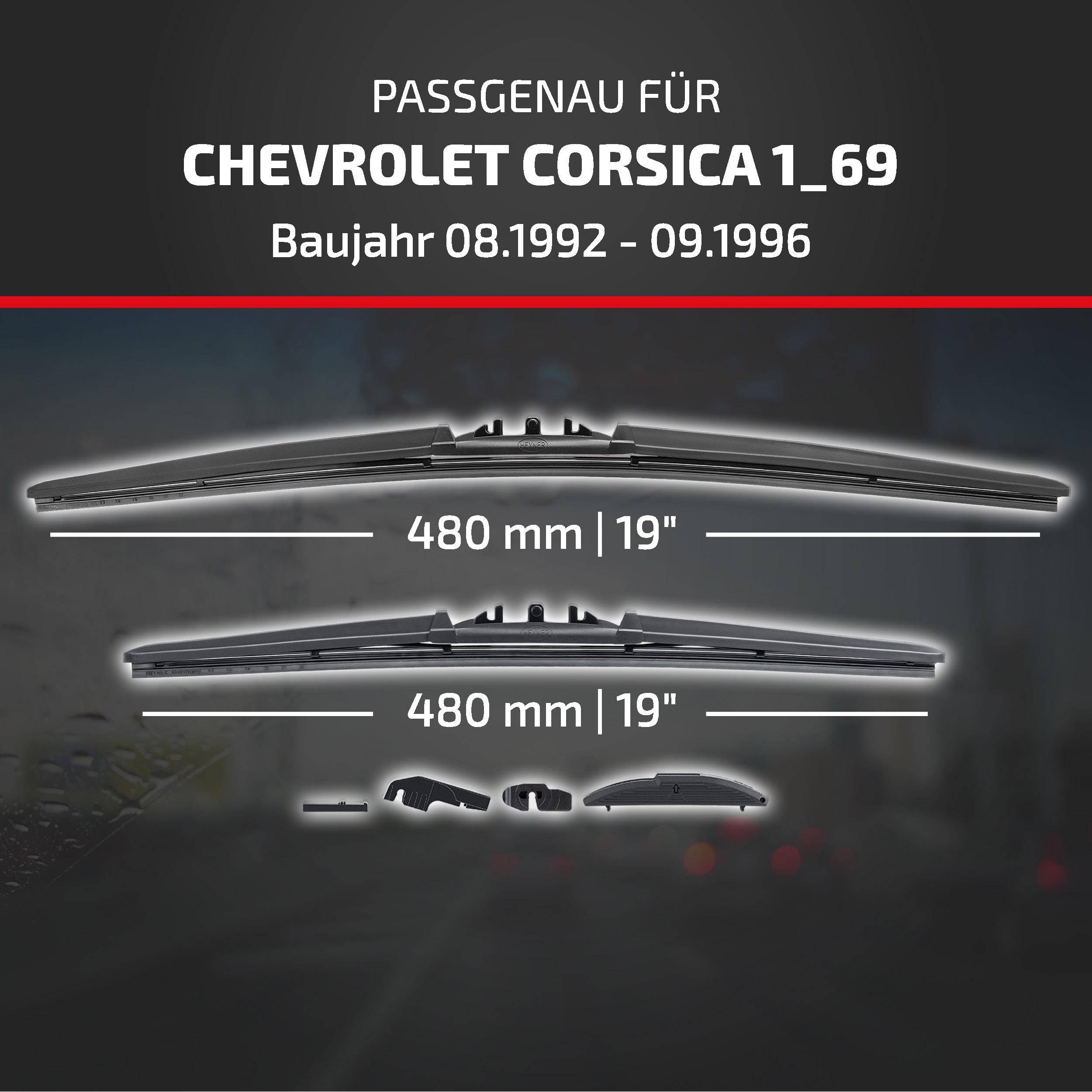 Anzeige für Scheibenwischer kompatibel mit Chevrolet Corsica 1.69, Modelljahre 08/1992–09/1996, mit zwei 480 mm (19