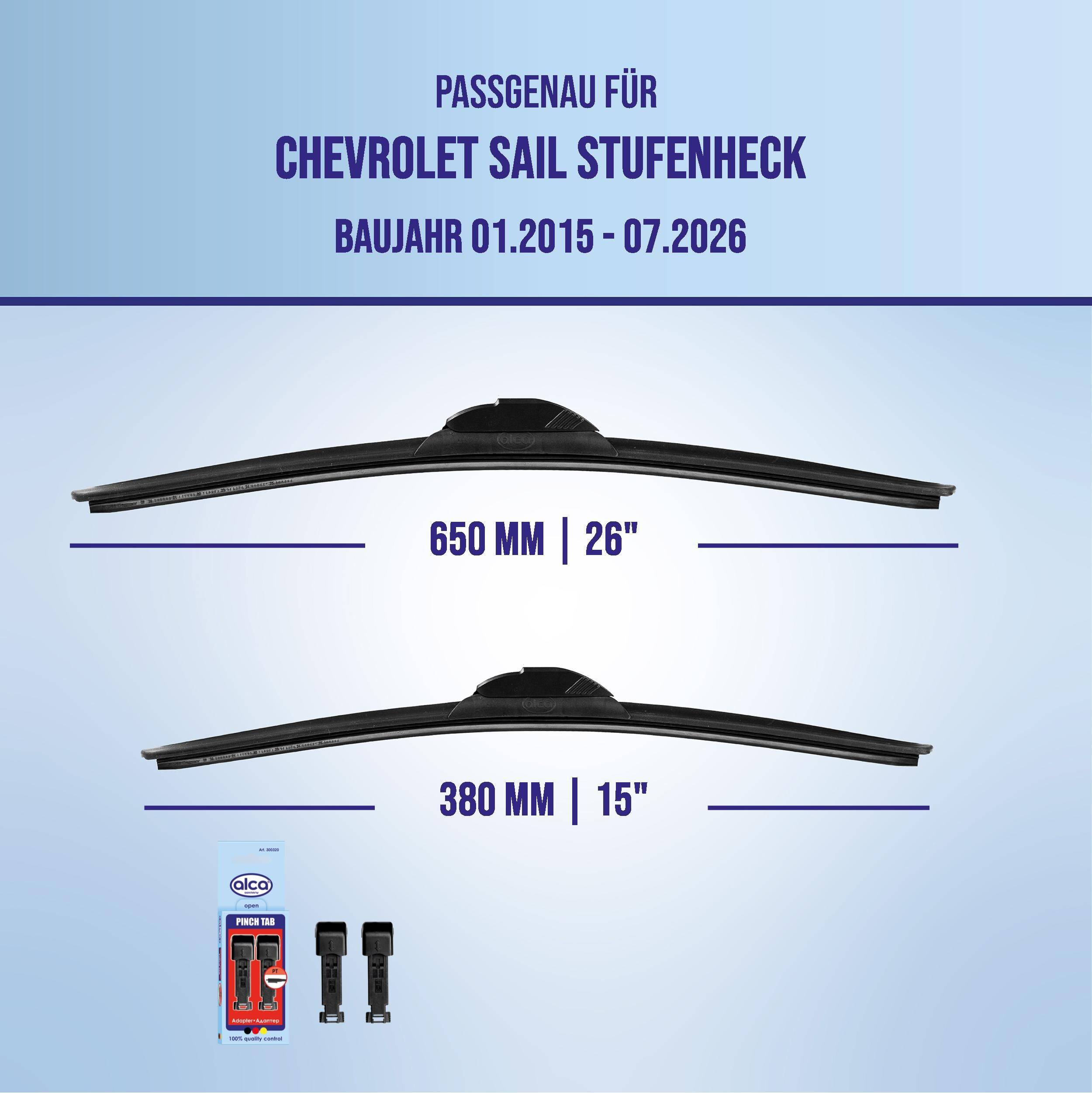 Grafik zeigt Scheibenwischer, die mit dem Chevrolet Sail Limousine kompatibel sind, Modelljahre 01.2015-07.2026; Größen 650 mm (26