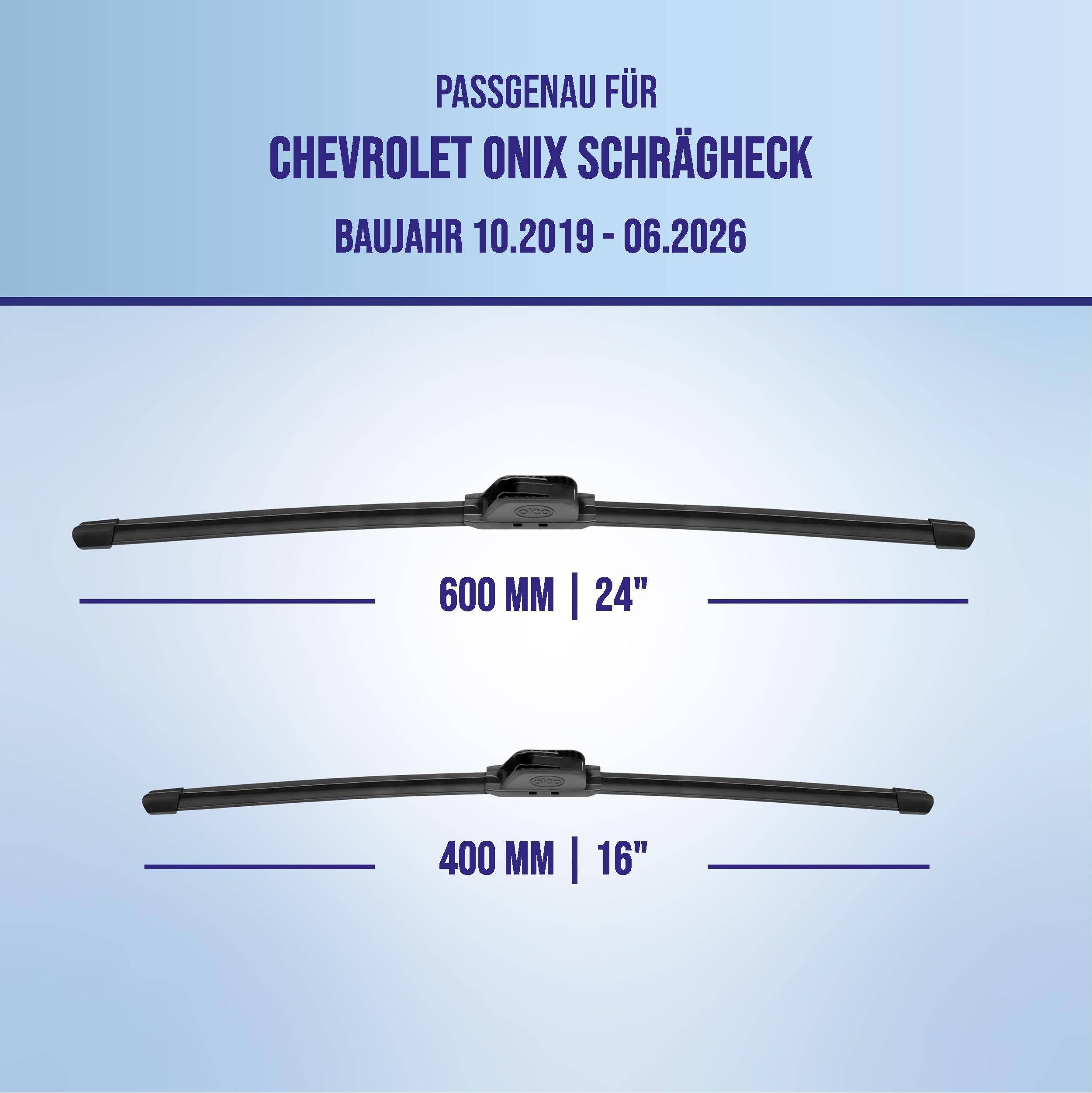 Kompatibilitätsgrafik für Chevrolet Onix Schrägheck, Modelljahre 10.2019-06.2026, mit Scheibenwischer-Größen: 600 mm (24