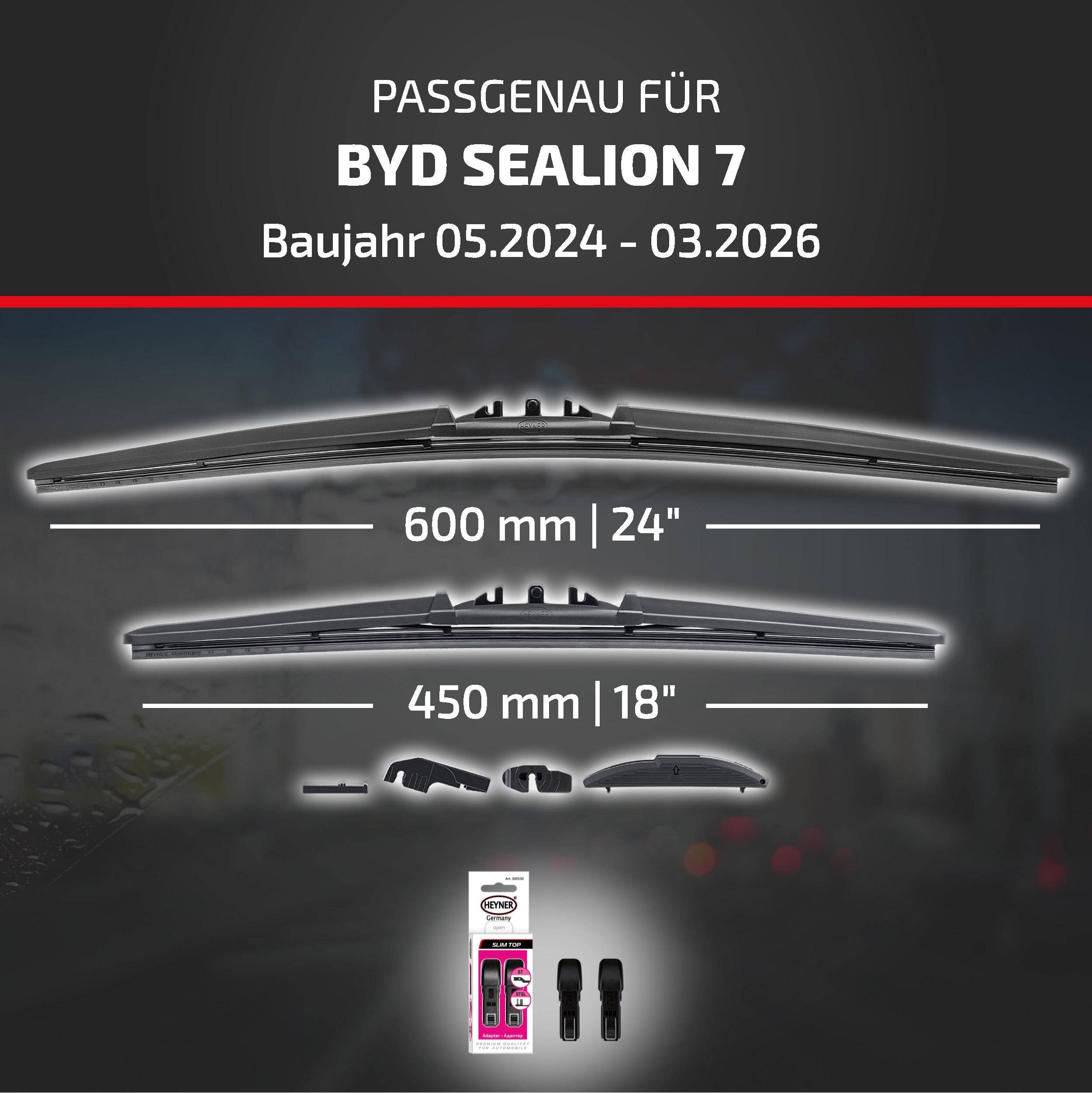 HEYNER® Scheibenwischer komp. mit BYD SEALION 7 (05.2024 - 05.2026) HYBRID Flachbalkenwischer