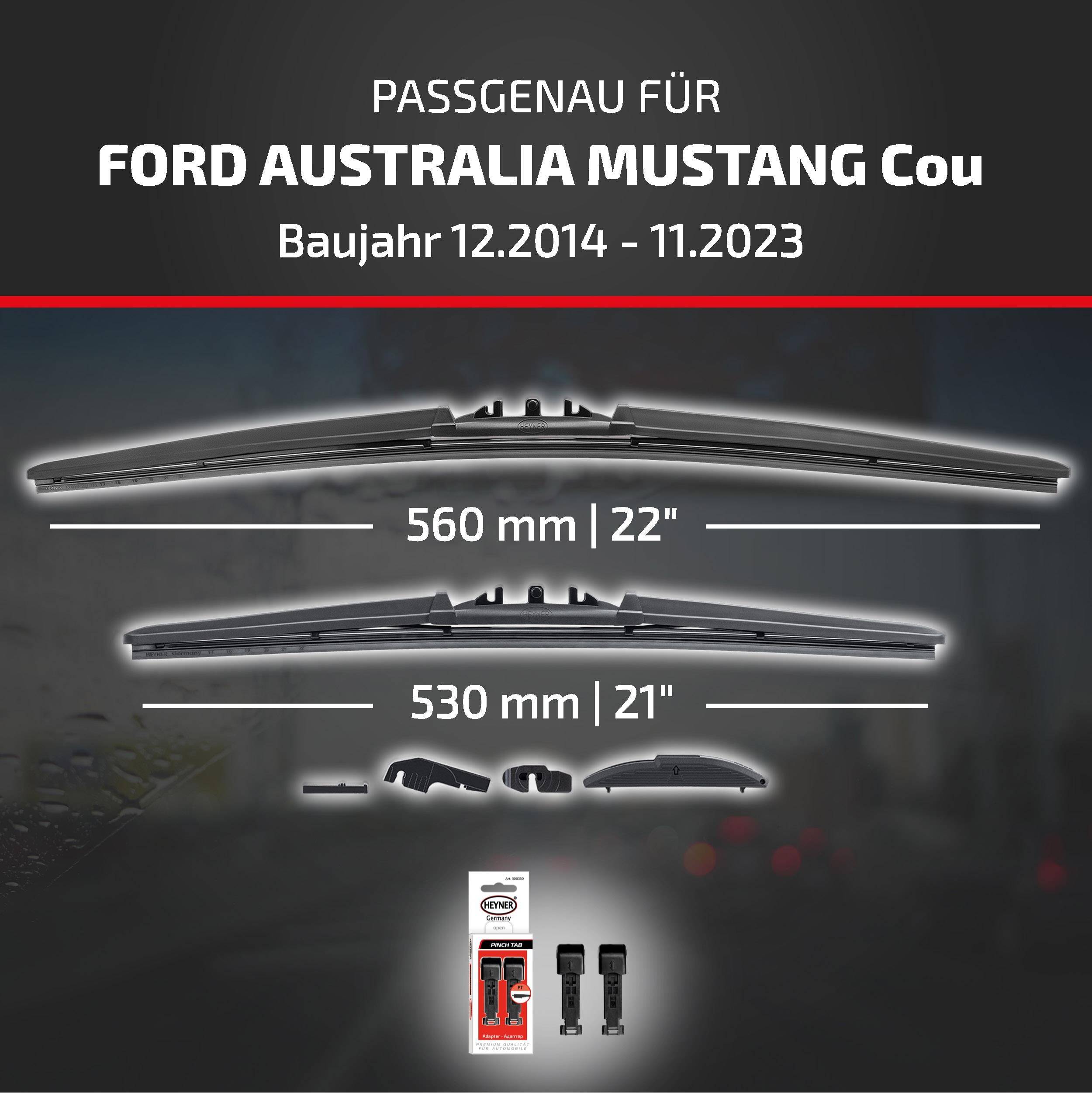 Die Anzeige besagt, dass die Scheibenwischer für den Ford Australia Mustang Coupe, Modelljahre 12/2014-11/2023, mit den Größen 560 mm (22