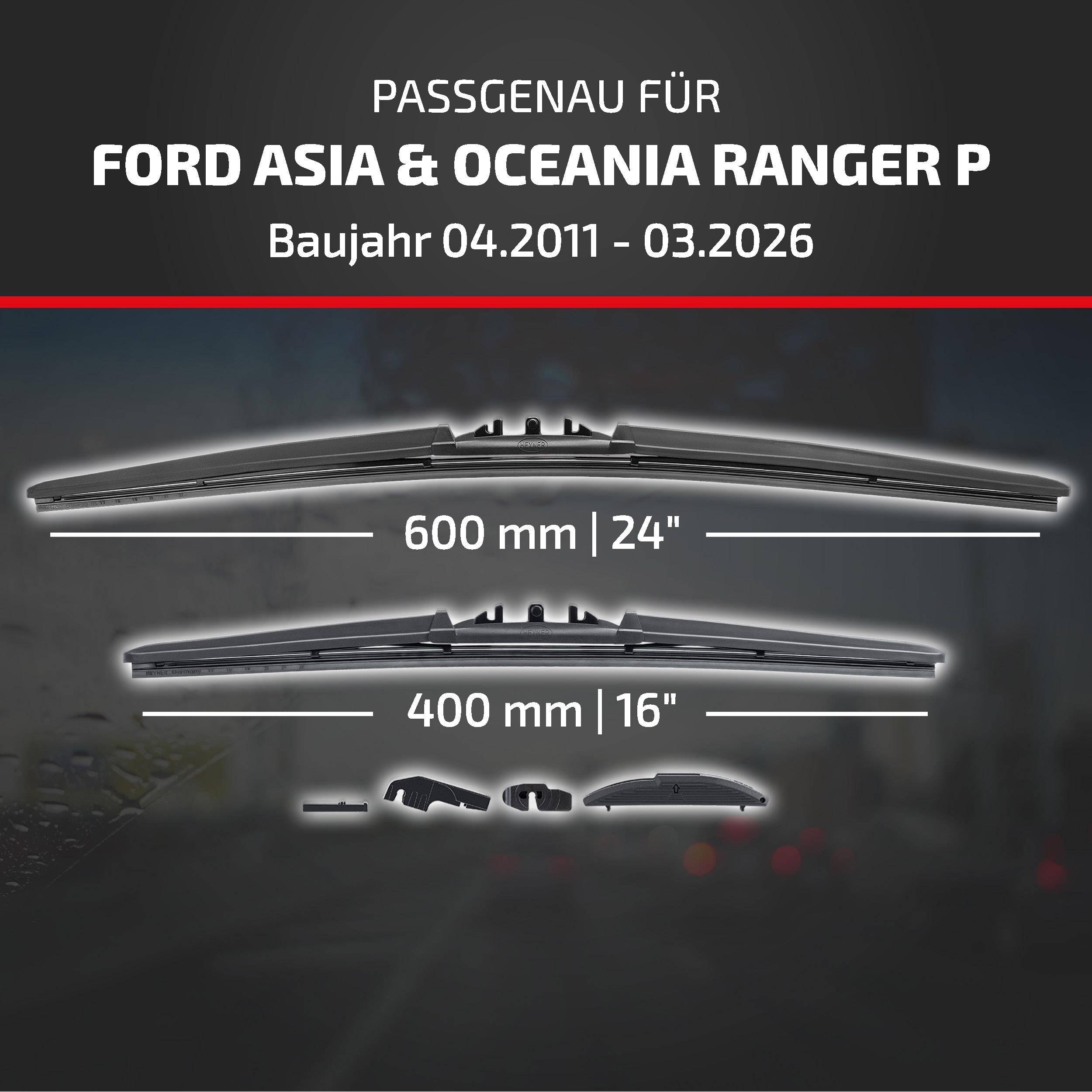 Produktgrafik mit Wischerblättern kompatibel mit Ford Asia & Ozeanien Ranger P, Modelljahre 04/2011–03/2026, Größen 600 mm (24