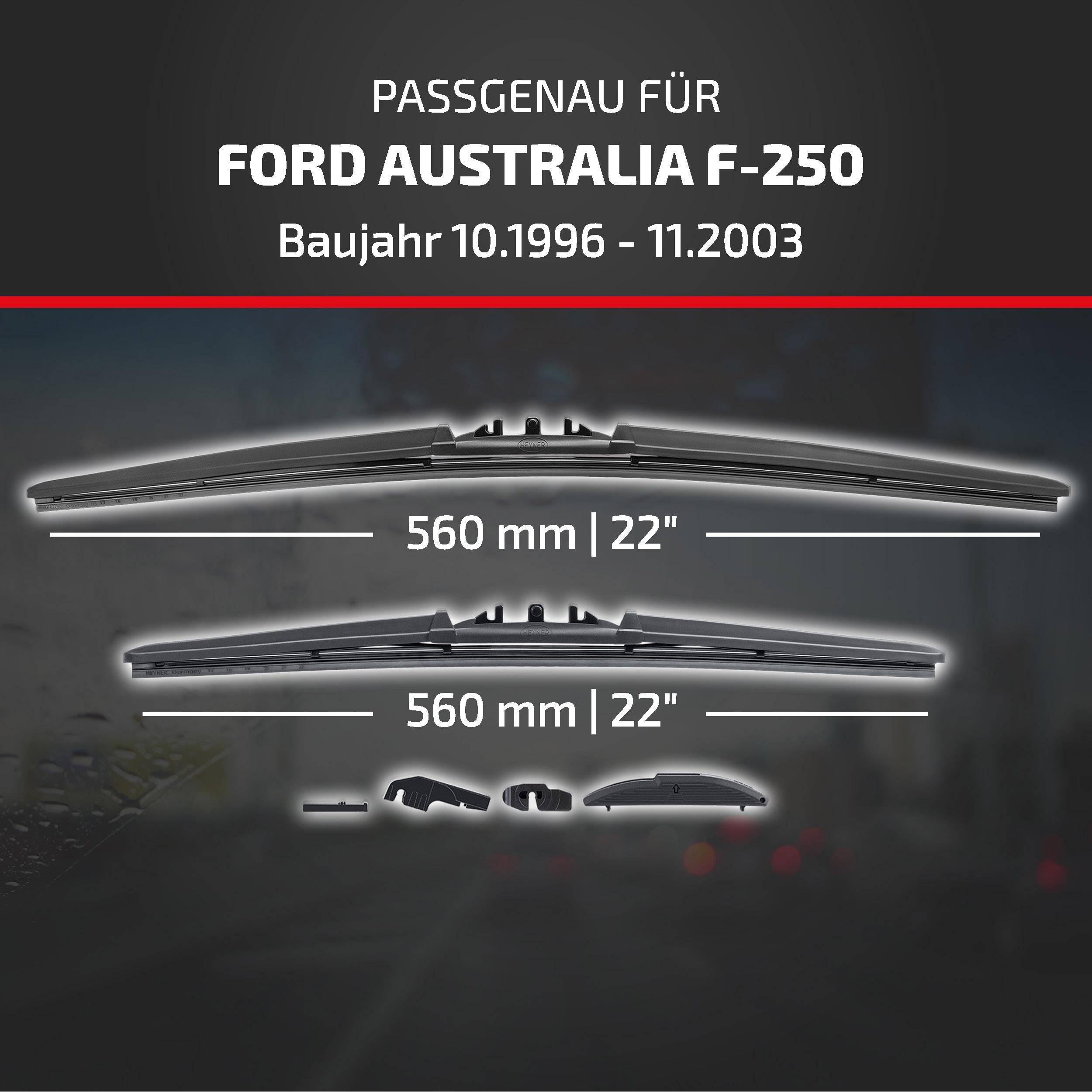 Produktgrafik mit zwei Scheibenwischerblättern mit Bezeichnung für Ford Australia F-250, Modelljahre 10.1996–11.2003, beide 560 mm (22