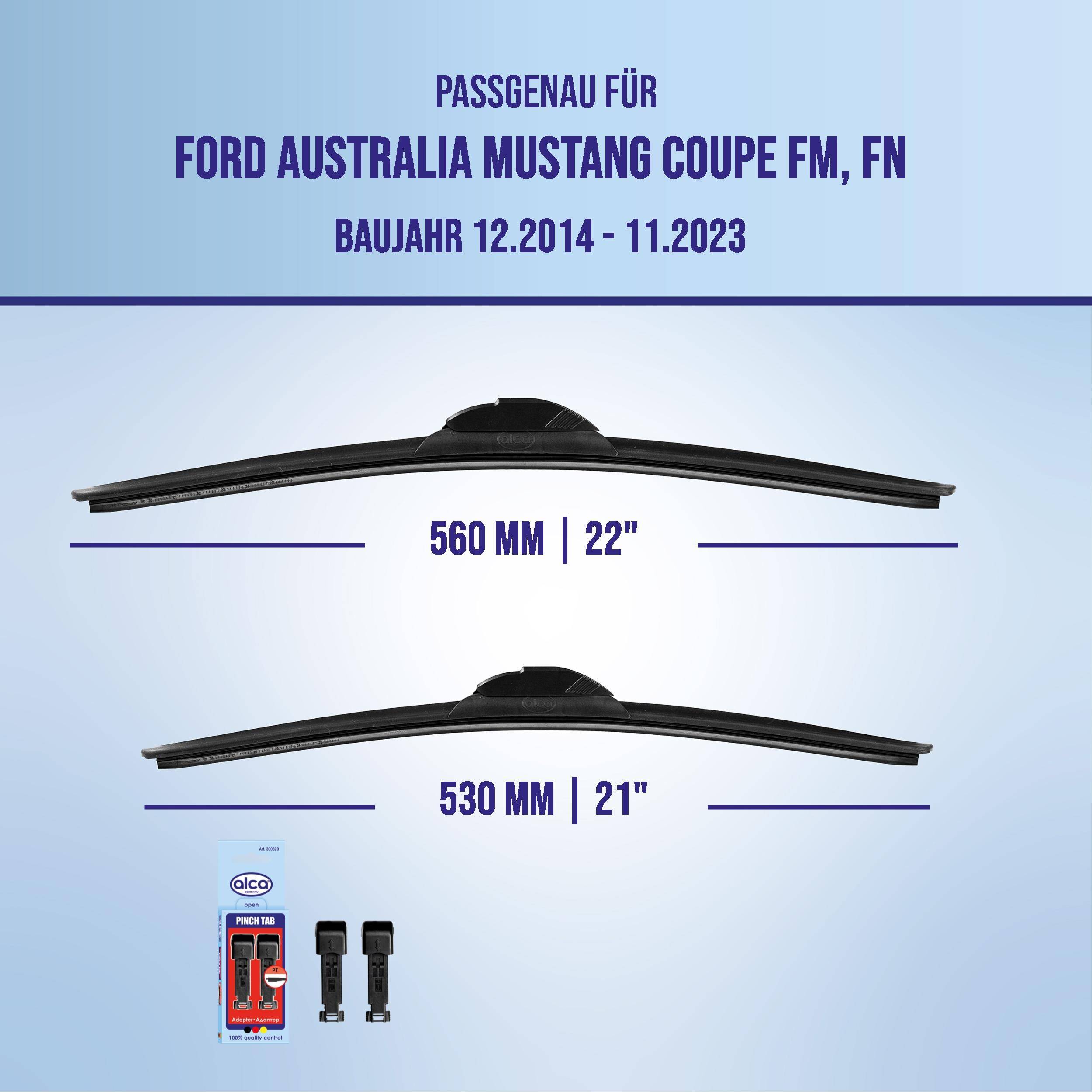 Wischerblattsortiment für Ford Australia Mustang Coupé FM/FN, Modelljahre 12/2014-11/2023, mit Größen 560 mm (22) und 530 mm (21).