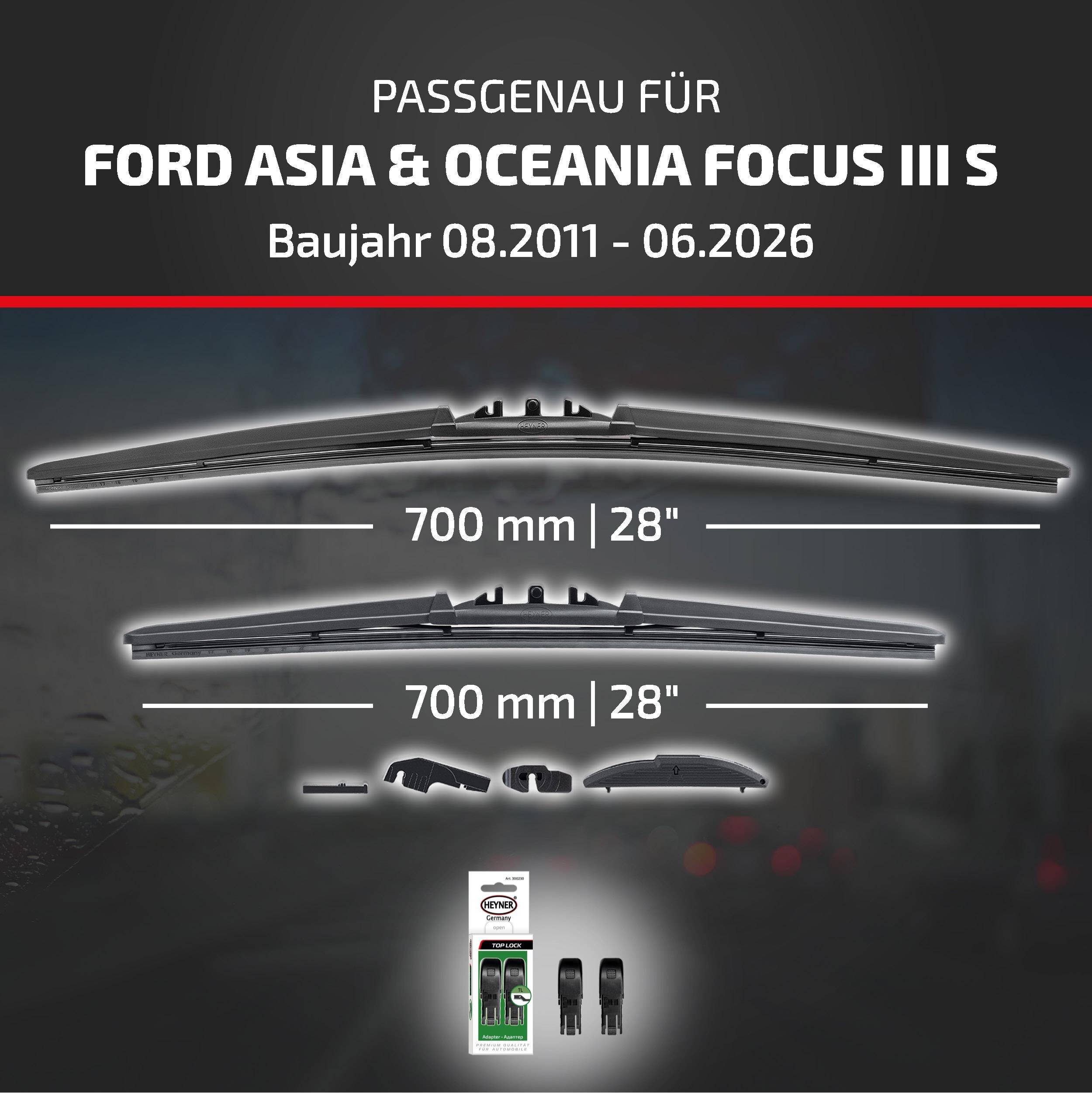 HEYNER® Scheibenwischer für FORD ASIA & OCEANIA FOCUS III Stufenheck (08.2011 - 08.2026) HYBRID Flachbalkenwischer