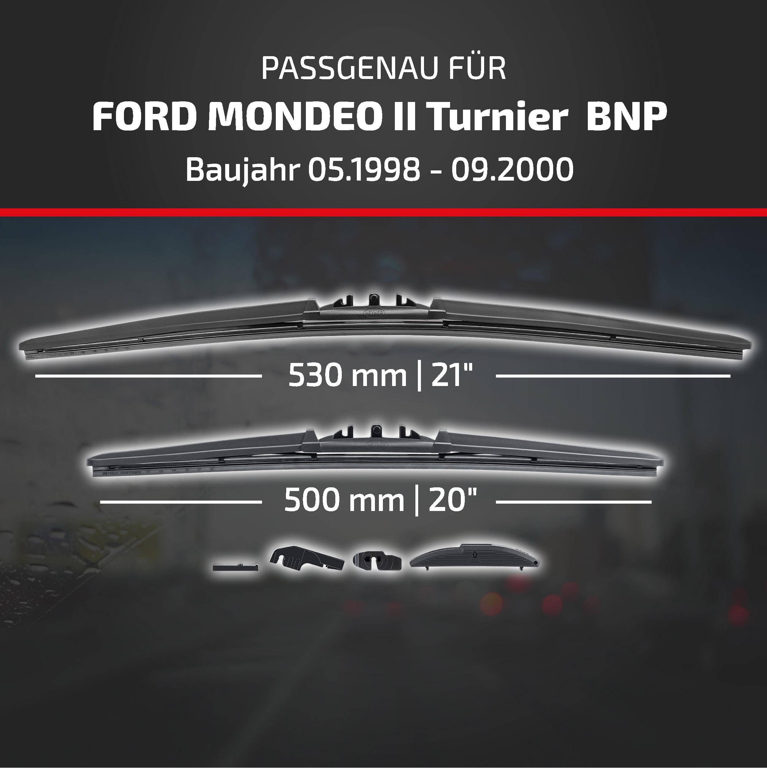 Grafik zur Wischblattmontage für Ford Mondeo II Turnier BNP, Modelljahre 05/1998-09/2000, mit Größen 530 mm (21