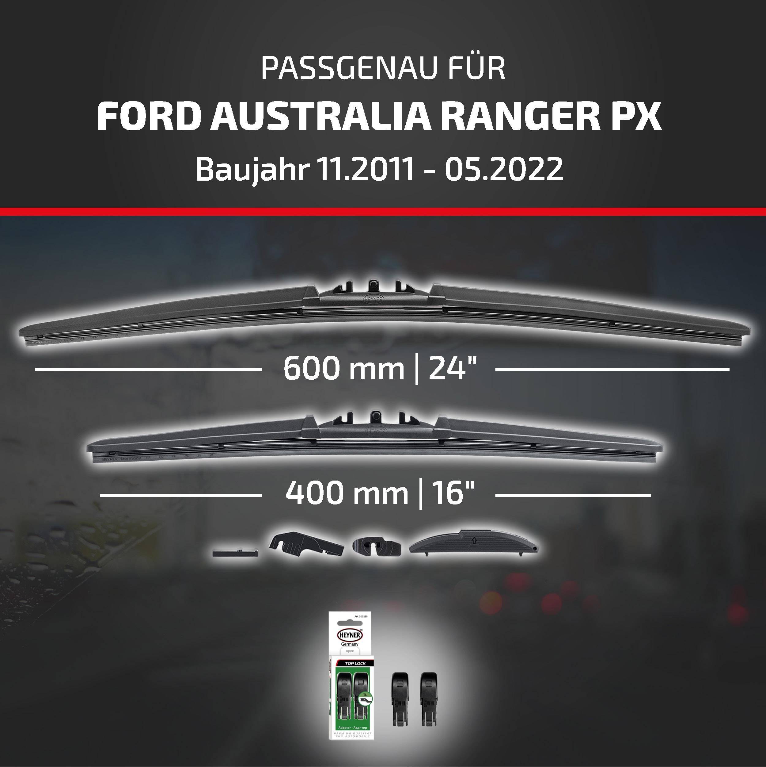 Grafik zeigt die Scheibenwischer-Montage für Ford Australia Ranger PX, Modelljahre 11/2011–05/2022, mit Größen 600 mm (24
