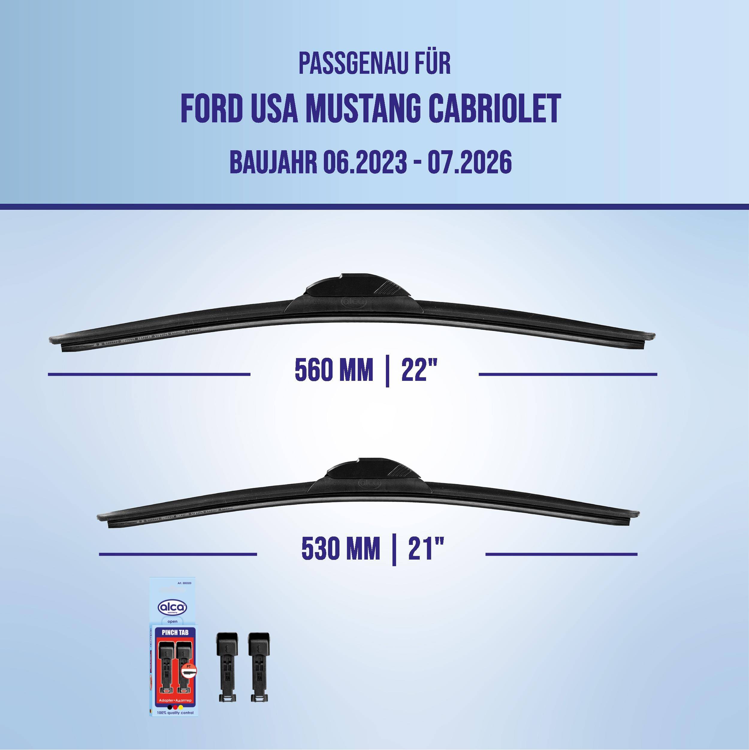 Kompatibilitätsgrafik für Ford USA Mustang Cabriolet, Modelljahre 06.2023-07.2026, zeigt Wischergröße 560 mm (22