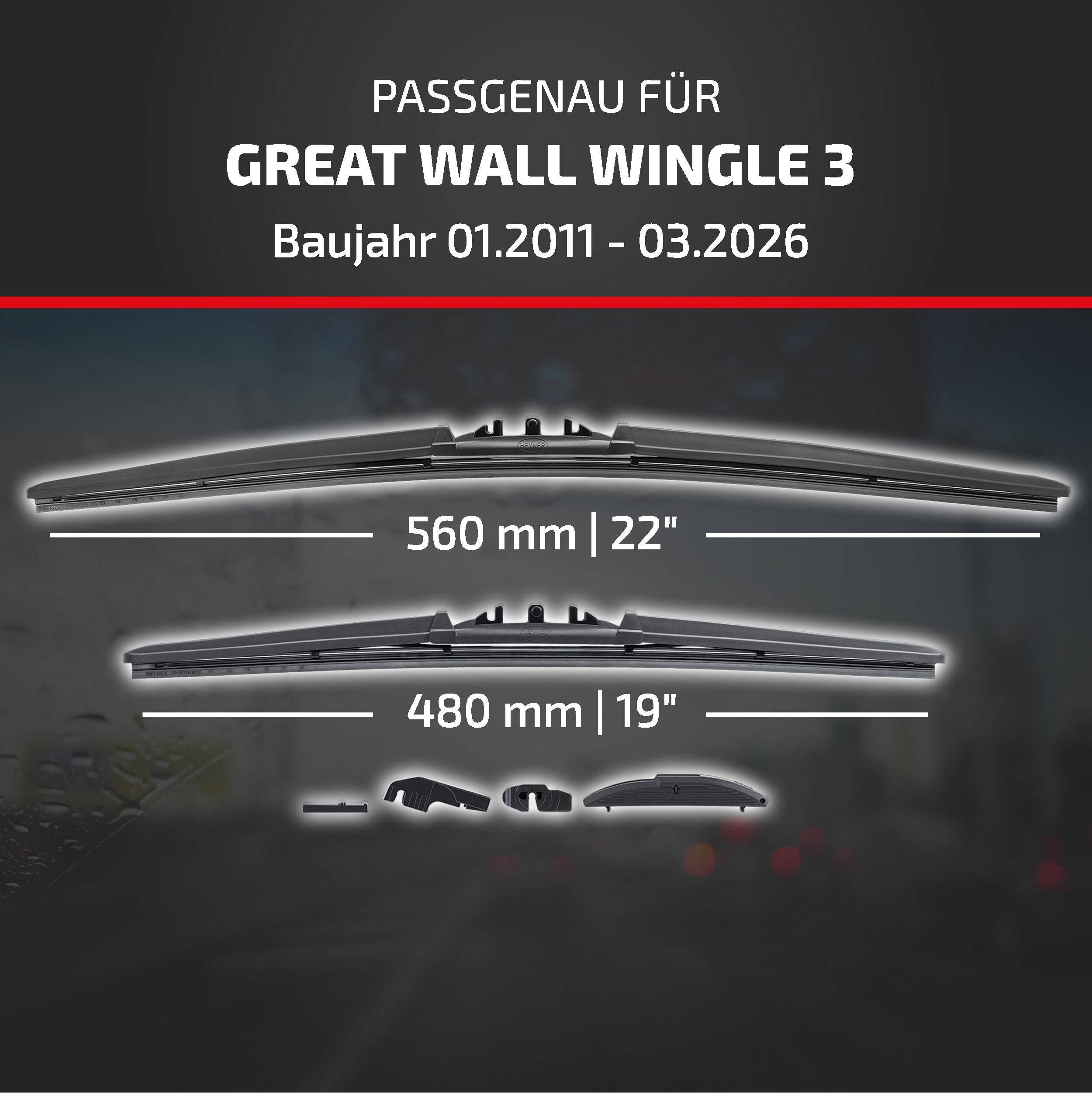 HEYNER® Scheibenwischer komp. mit GREAT WALL WINGLE 3 (01.2011 - 04.2026) HYBRID Flachbalkenwischer