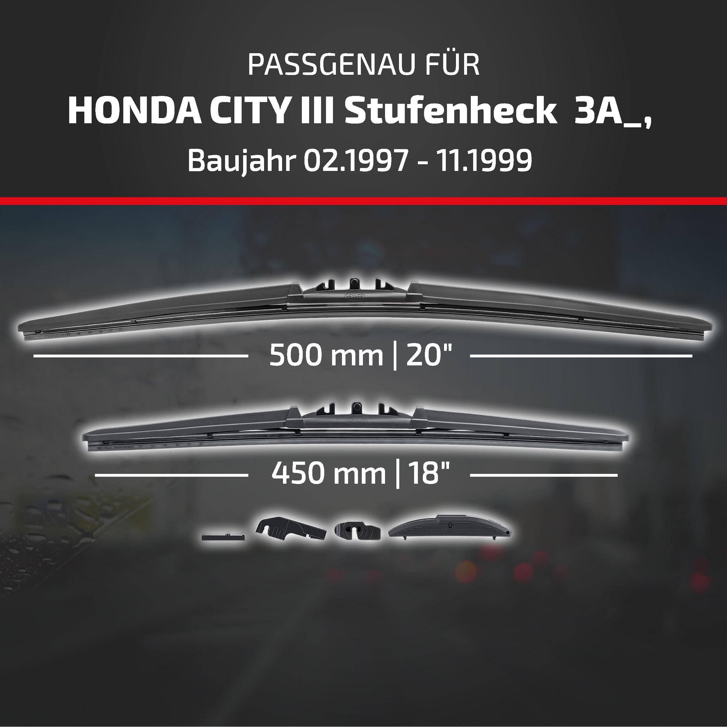 Produktgrafik zeigt Wischblätter für Honda City III Limousine 3A_, Modelljahre 02.1997–11.1999, mit Größen 500 mm (20