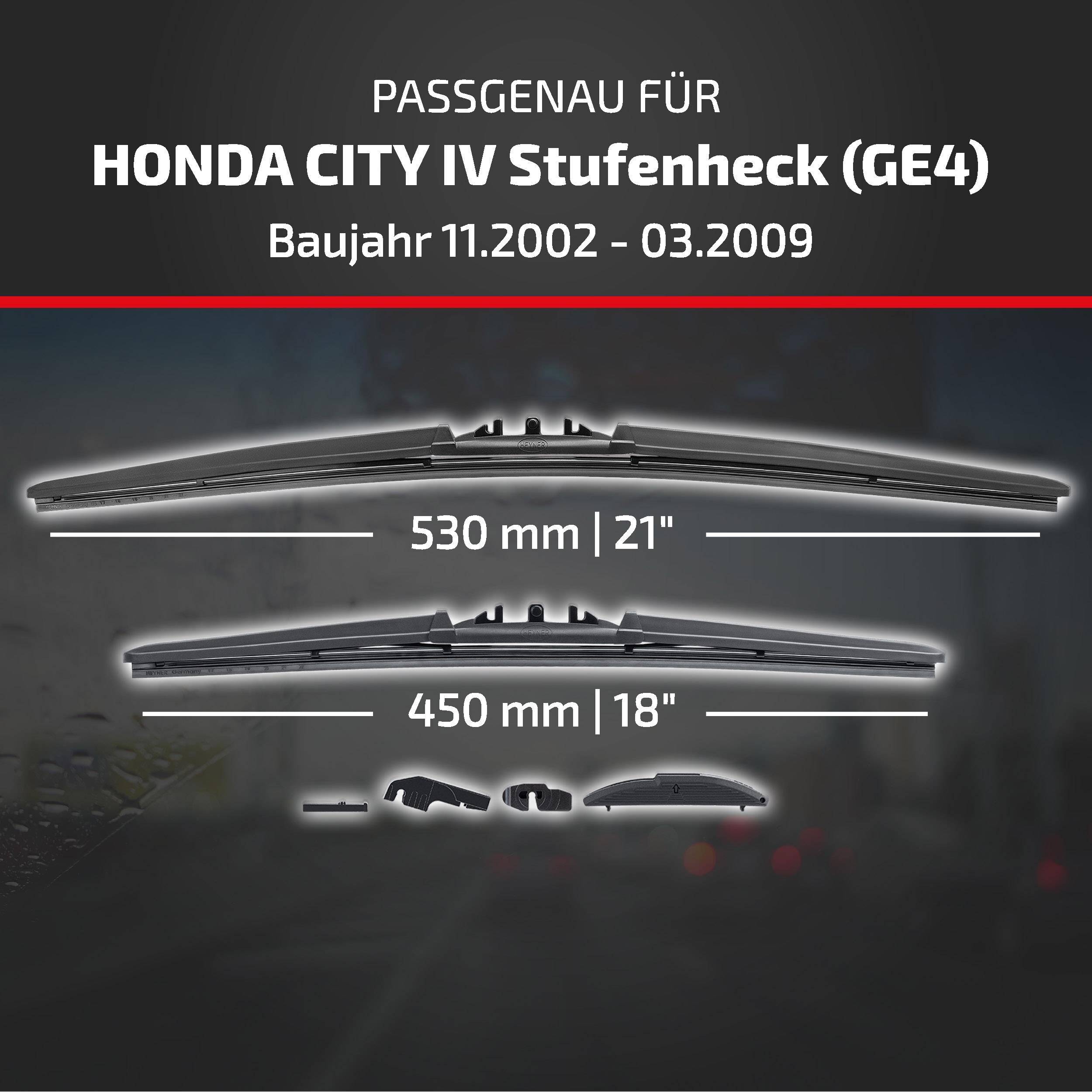 Grafik zeigt Wischblätter kompatibel mit Honda City IV Stufenheck (GE4), Modelljahre 11.2002–03.2009, Größen 530 mm (21