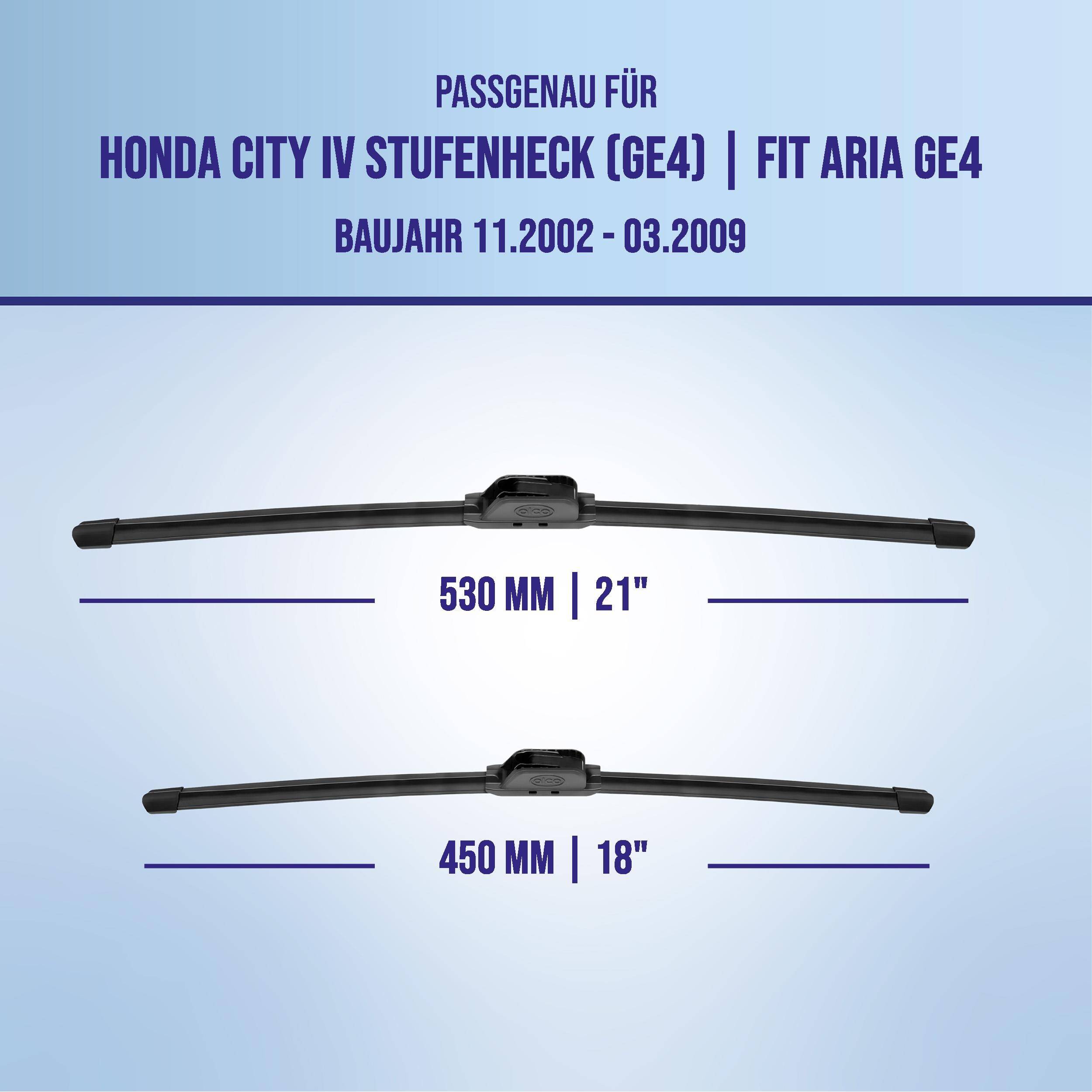 Kompatibilitätsgrafik für Honda City IV und Fit Aria GE4 Modelle, Baujahr 11.2002–03.2009, zeigt Scheibenwischer-Größen 530 mm (21