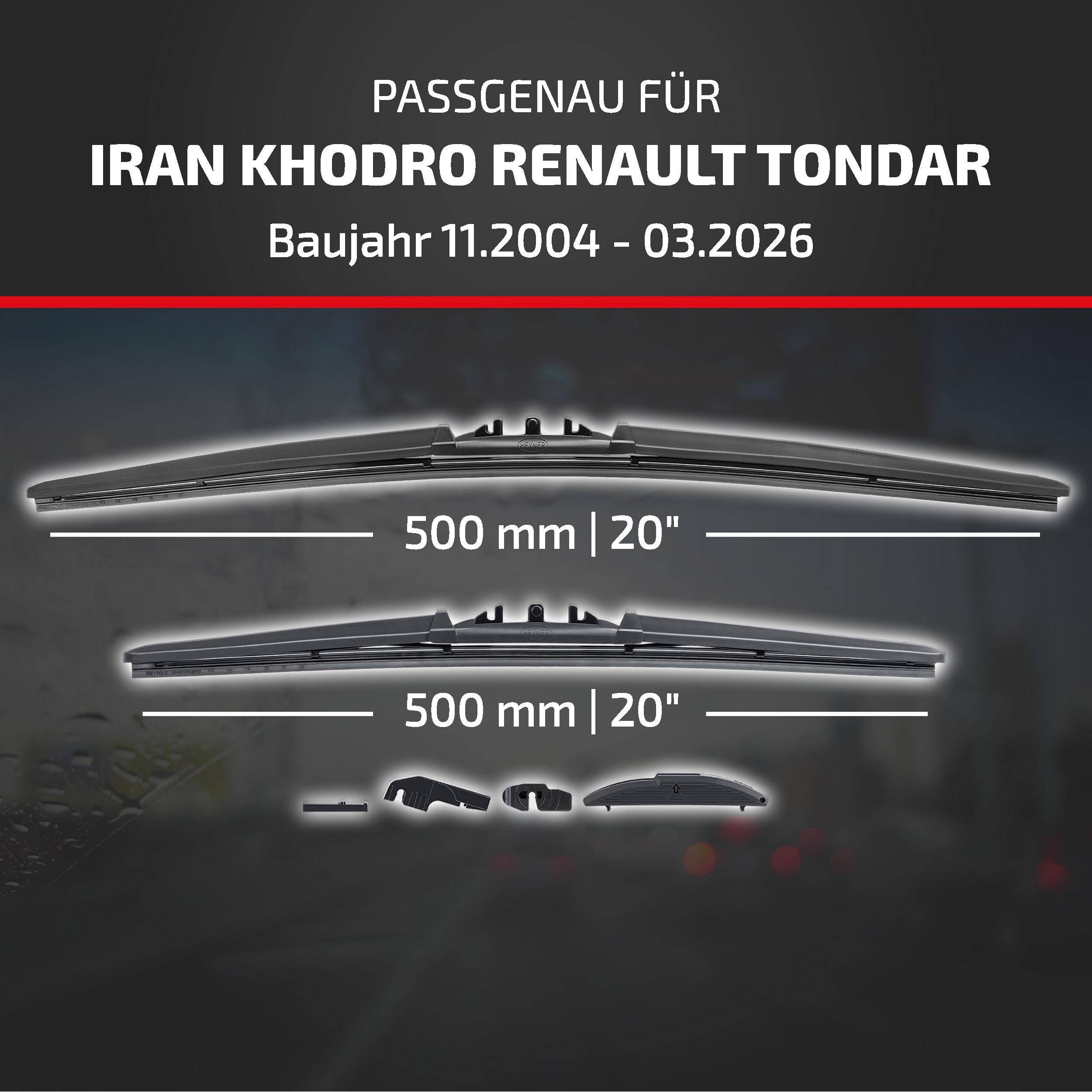 HEYNER® Scheibenwischer für IRAN KHODRO RENAULT TONDAR 90 Stufenheck 11.2004 - 08.2026, HYBRID Flachbalkenwischer,