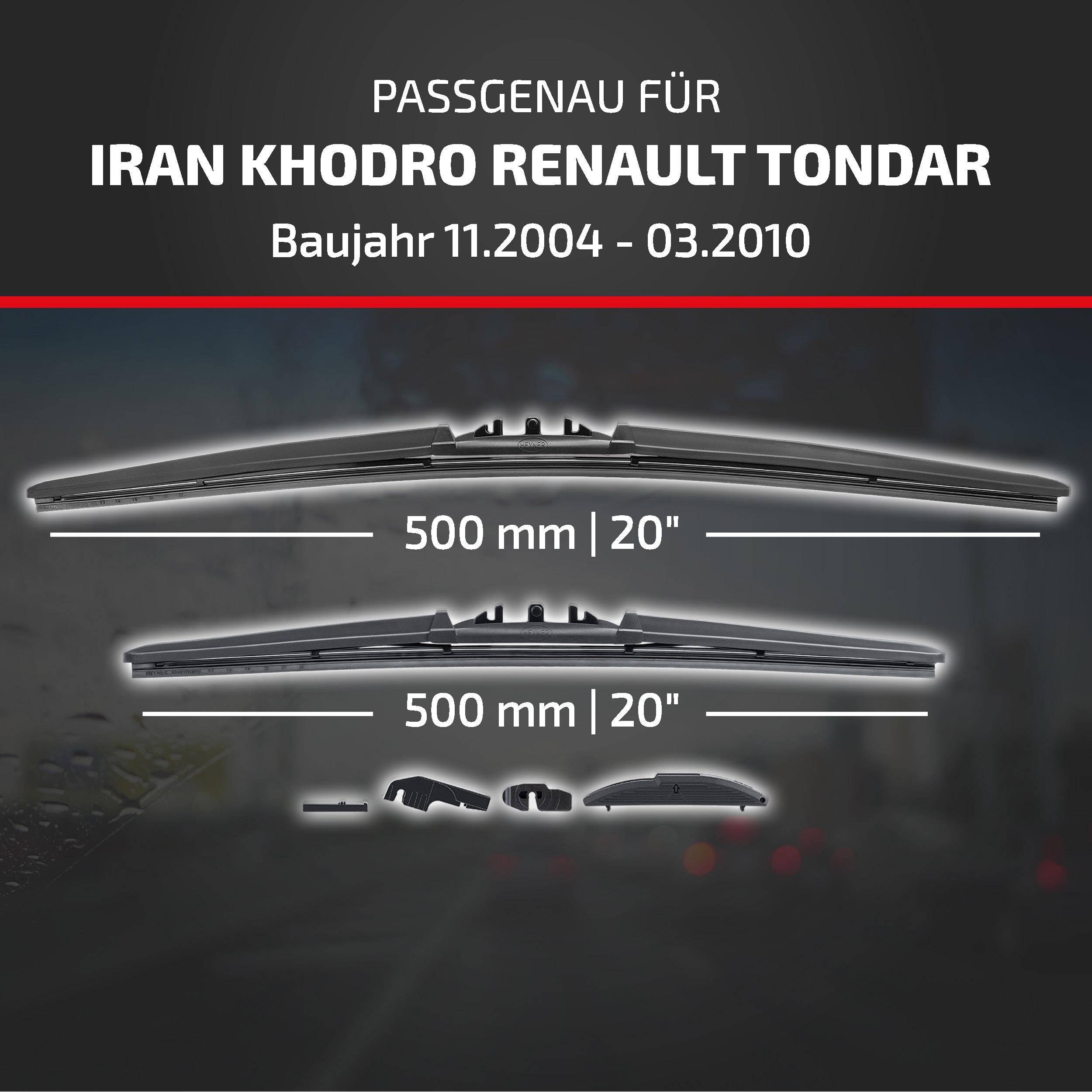 HEYNER® Scheibenwischer für IRAN KHODRO RENAULT TONDAR R90 Kombi 11.2004 - 03.2010, HYBRID Flachbalkenwischer,