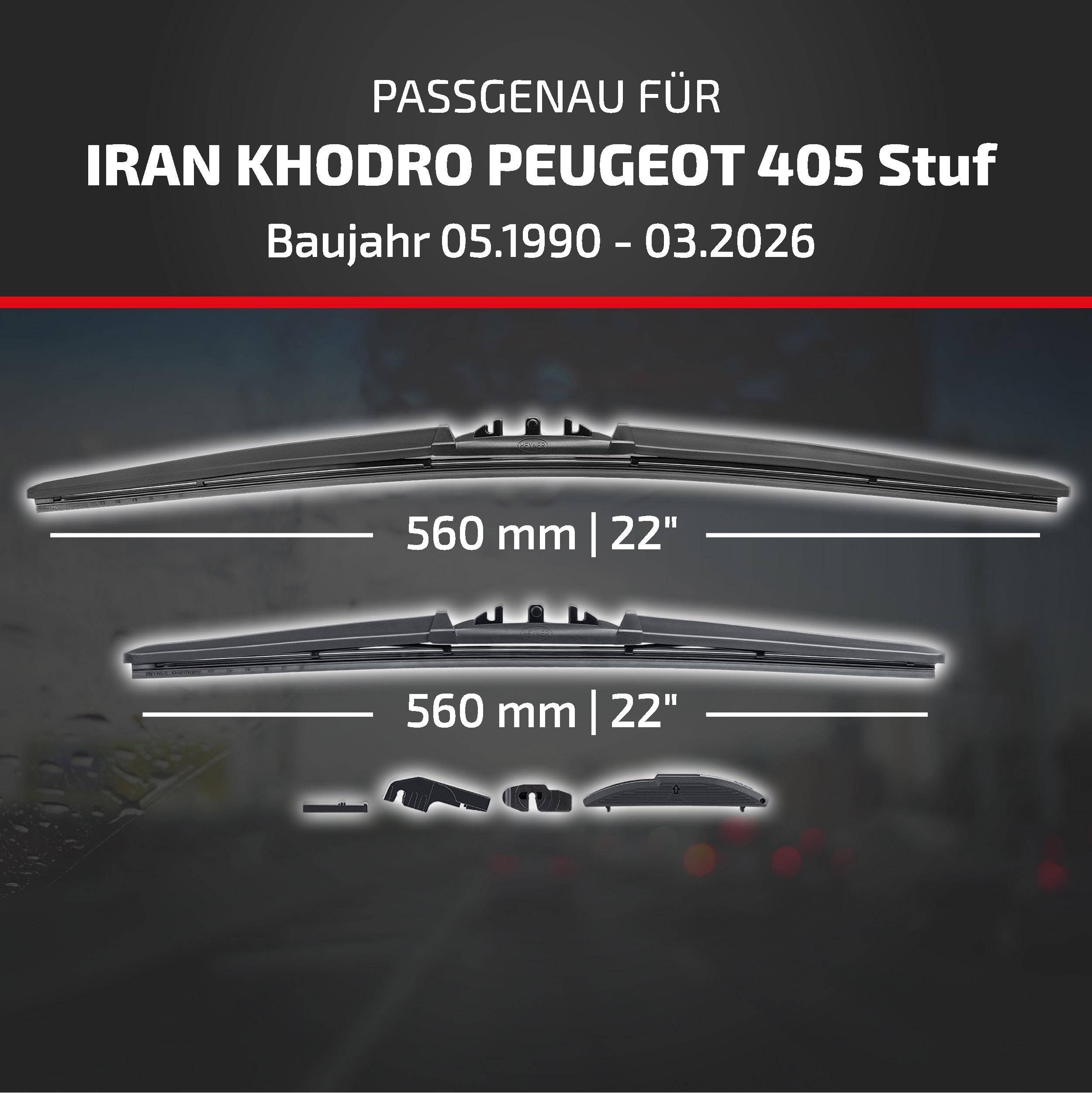 HEYNER® Scheibenwischer für IRAN KHODRO PEUGEOT 405 Stufenheck (05.1990 - 08.2026) HYBRID Flachbalkenwischer