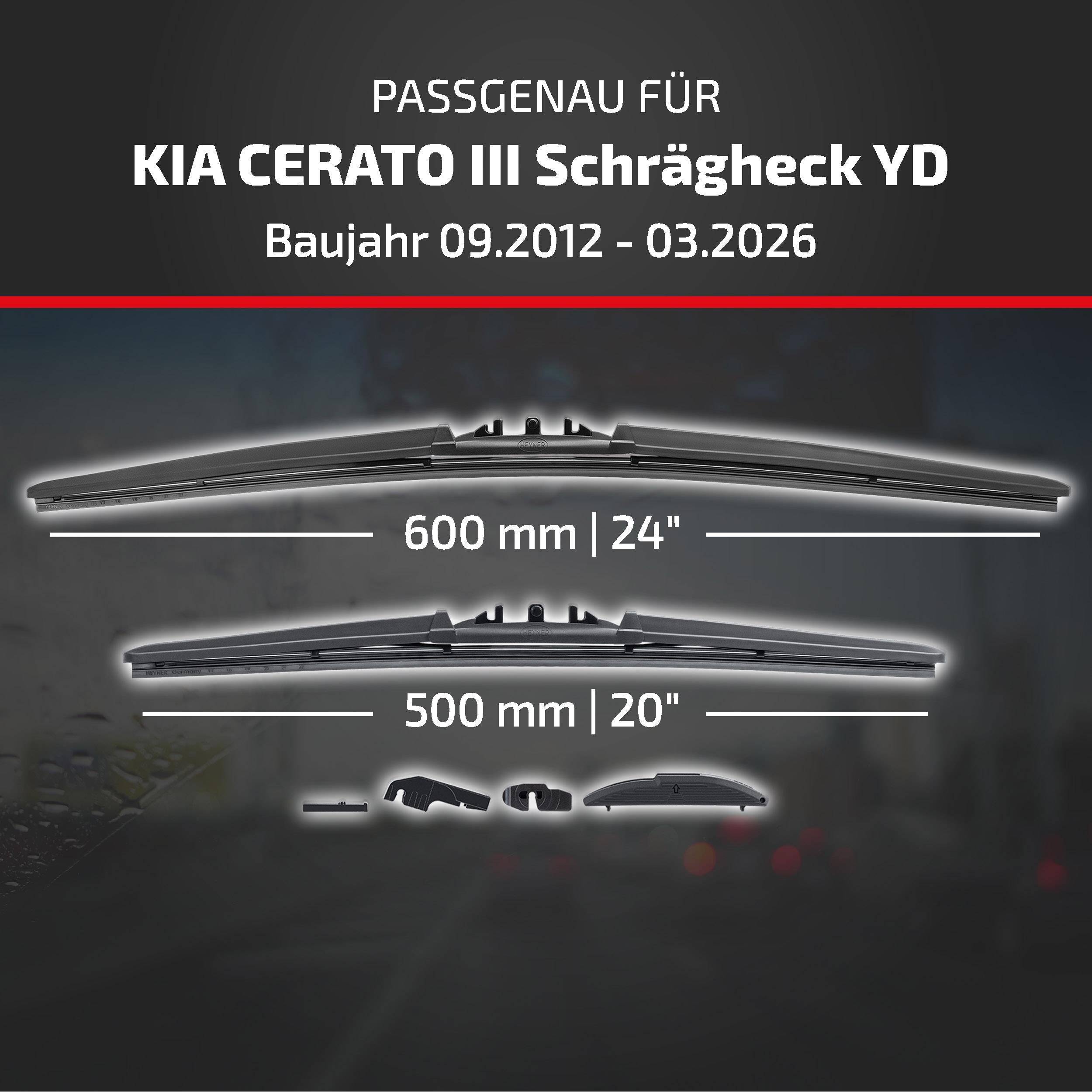 Werbeanzeige für Scheibenwischer-Blätter kompatibel mit Kia Cerato III Schrägheck, Modelljahre 09.2012–03.2026, in den Größen 600 mm und 500 mm.