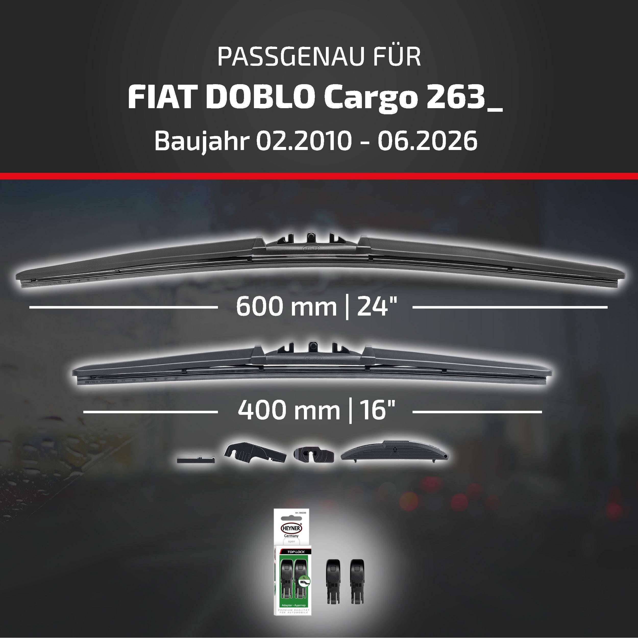 HEYNER® Scheibenwischer für FIAT DOBLO Cargo 02.2010 - 08.2026, HYBRID Flachbalkenwischer,