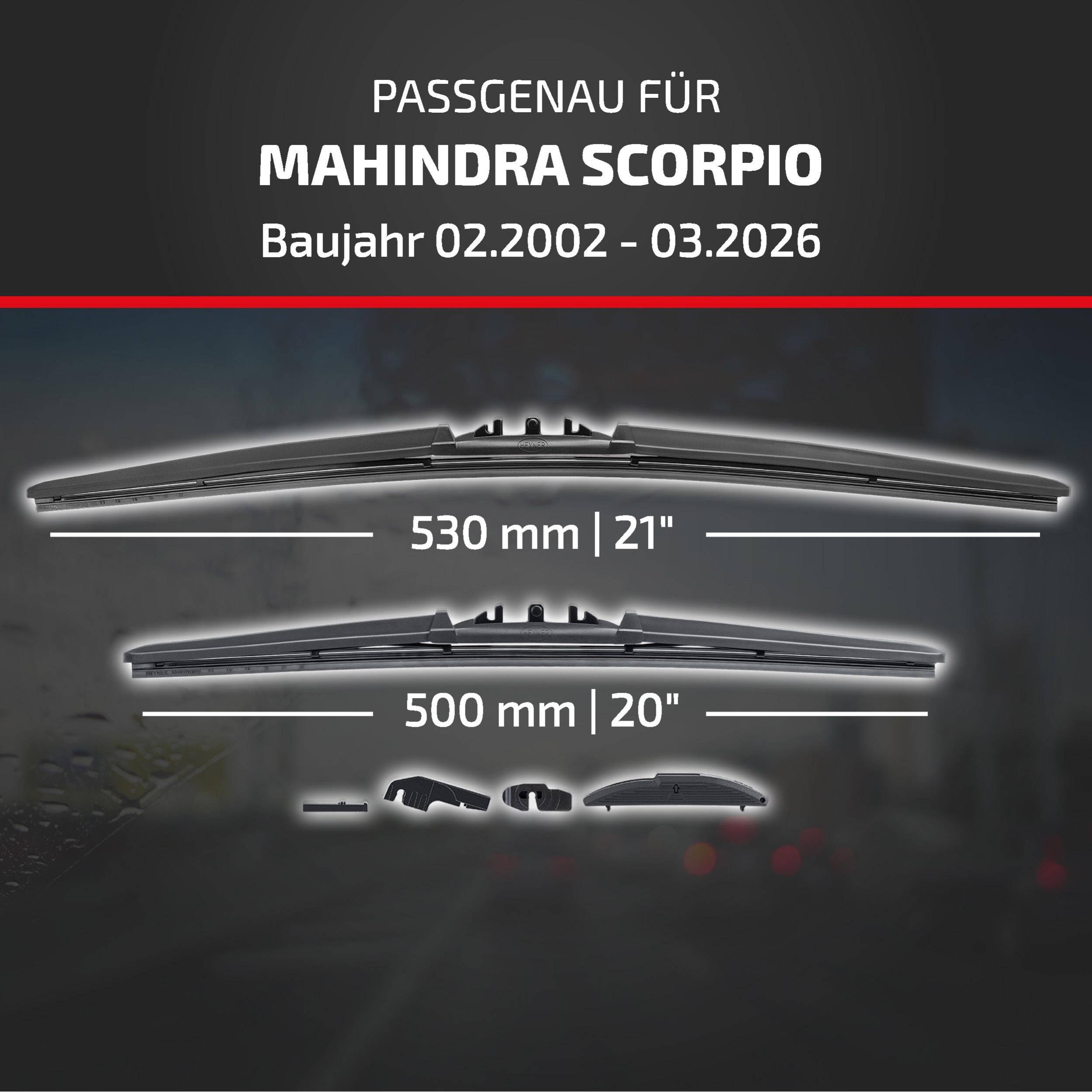 HEYNER® Scheibenwischer komp. mit MAHINDRA SCORPIO (02.2002 - 04.2026) HYBRID Flachbalkenwischer