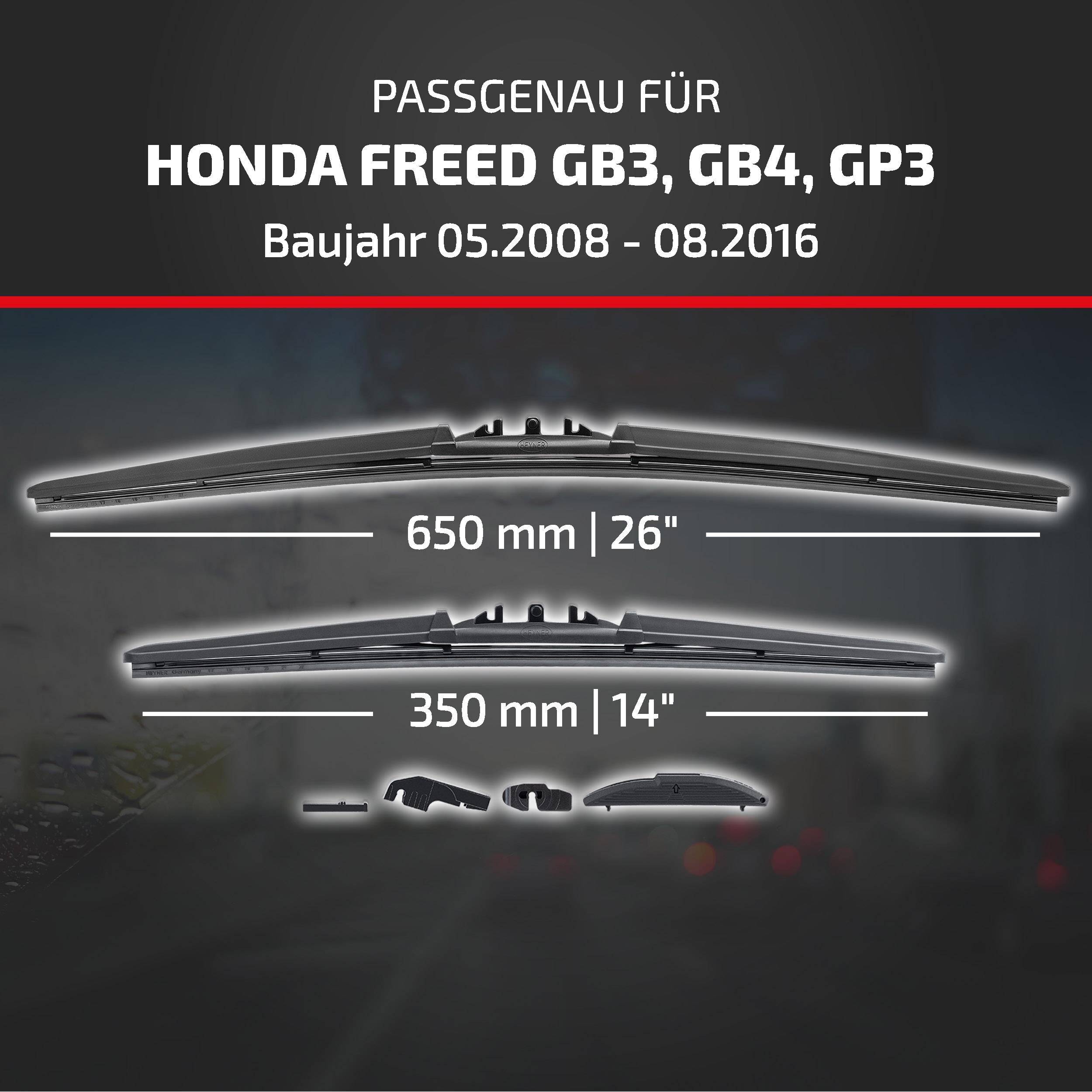 Produktgrafik, die Wischerblätter zeigt, die mit Honda Freed GB3, GB4, GP3 (Modelljahre 05.2008-08.2016) kompatibel sind, Größen 650 mm und 350 mm.