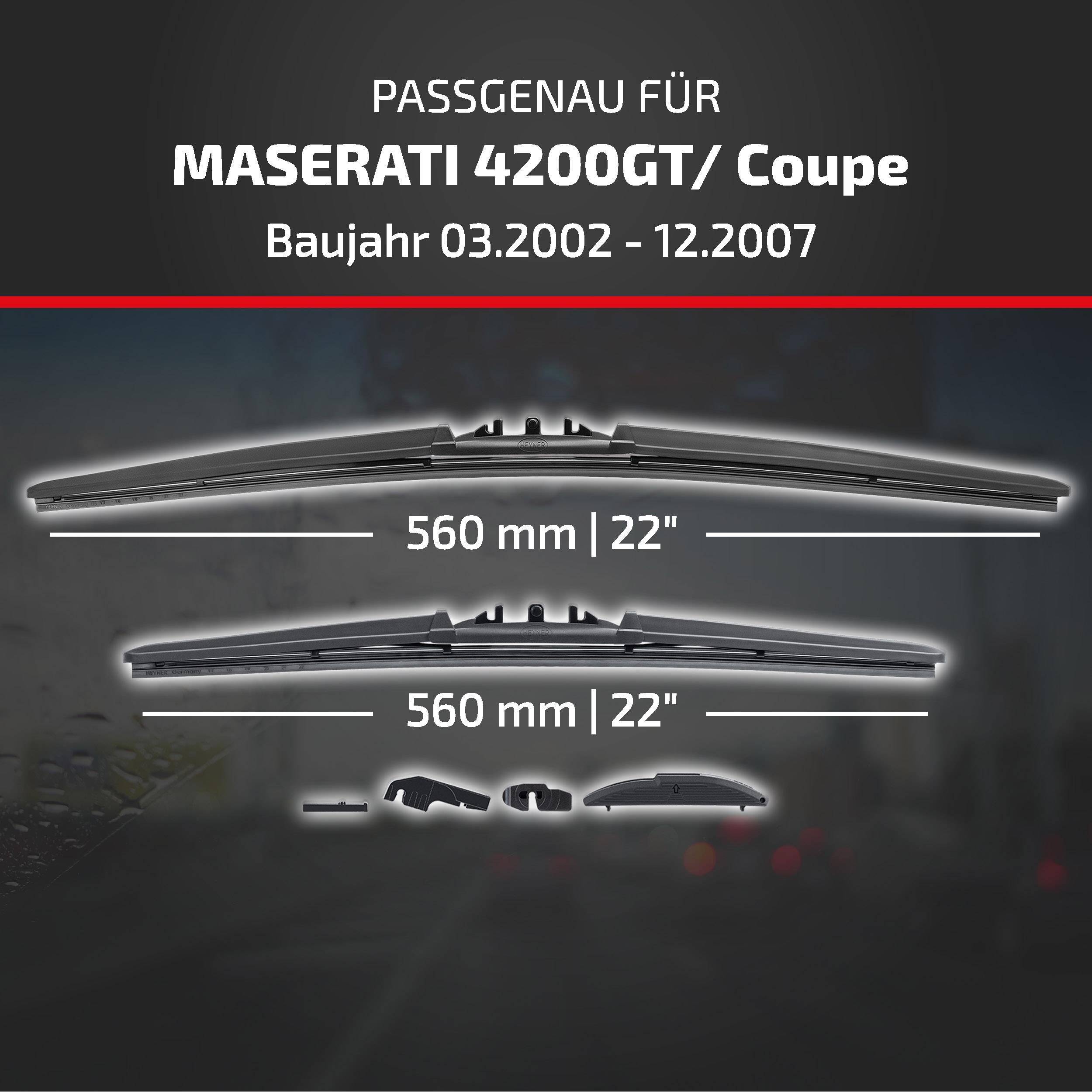 Kompatibilitätsgrafik für Maserati 420GT/Coupe, Baujahre 03.2002-12.2007, zeigt zwei 560 mm (22