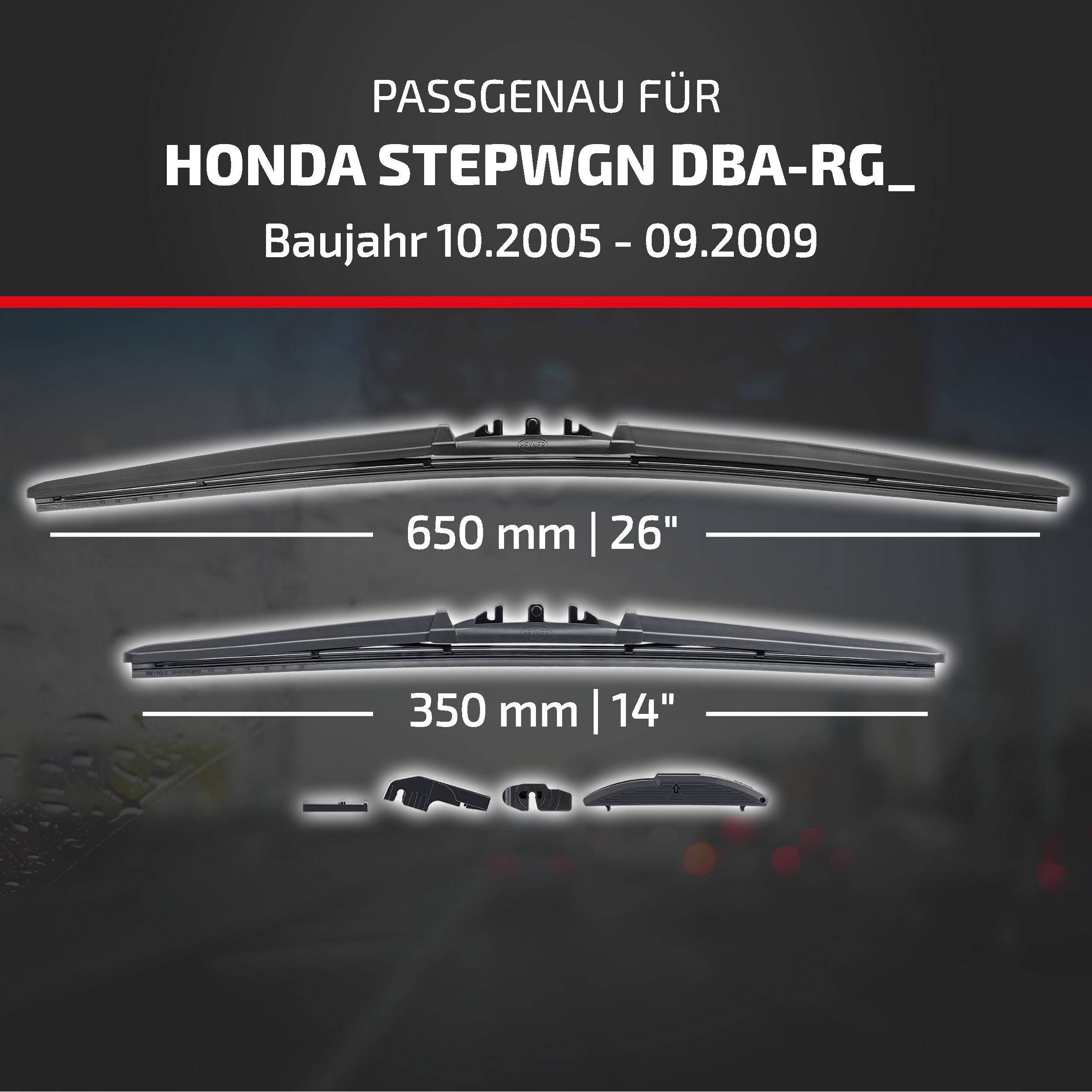 Grafik zeigt Wischerblätter kompatibel mit Honda Stepwgn DBA-RG, Modelljahre 10.2005-09.2009; Größen 650 mm (26