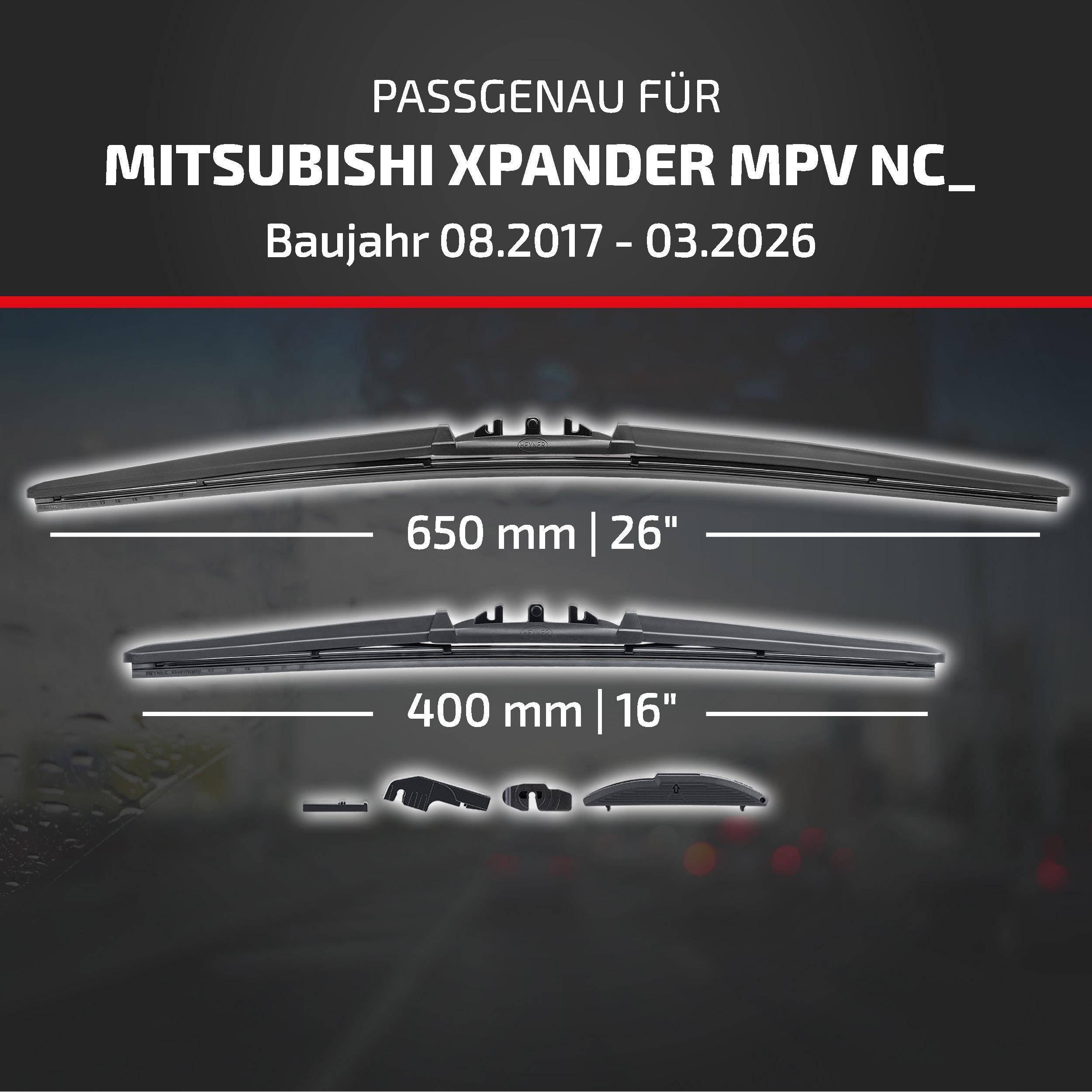Kompatibilitätsgrafik für Mitsubishi Xpander MPV NC (08.2017-03.2026) mit Wischblattgrößen: 650 mm (26 Zoll) und 400 mm (16 Zoll), mit Adapterstücken darunter.