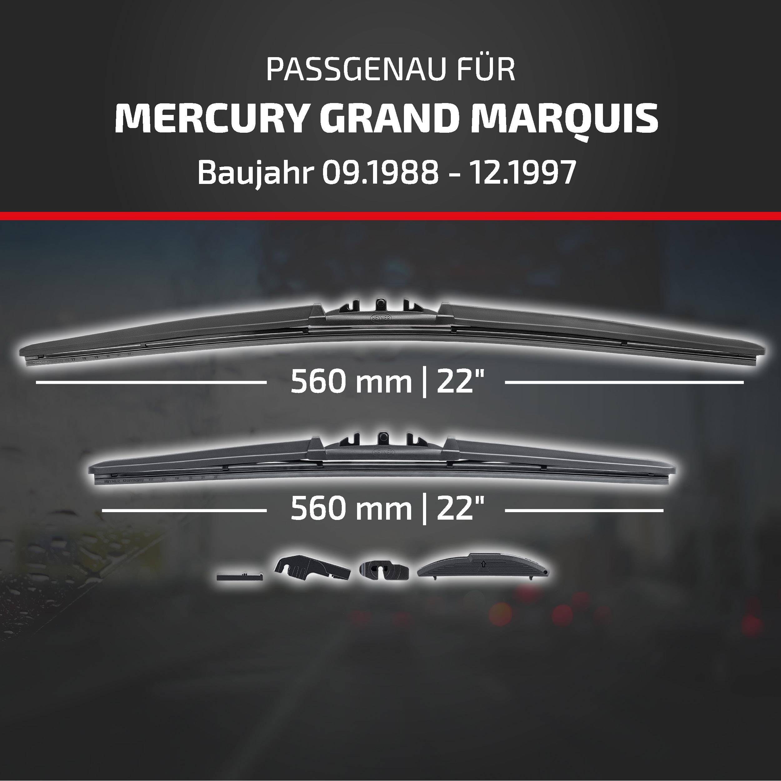 Werbeanzeige für Scheibenwischer, die mit Mercury Grand Marquis Modellen von 09/1988 bis 12/1997 kompatibel sind, in der Größe 560 mm (22