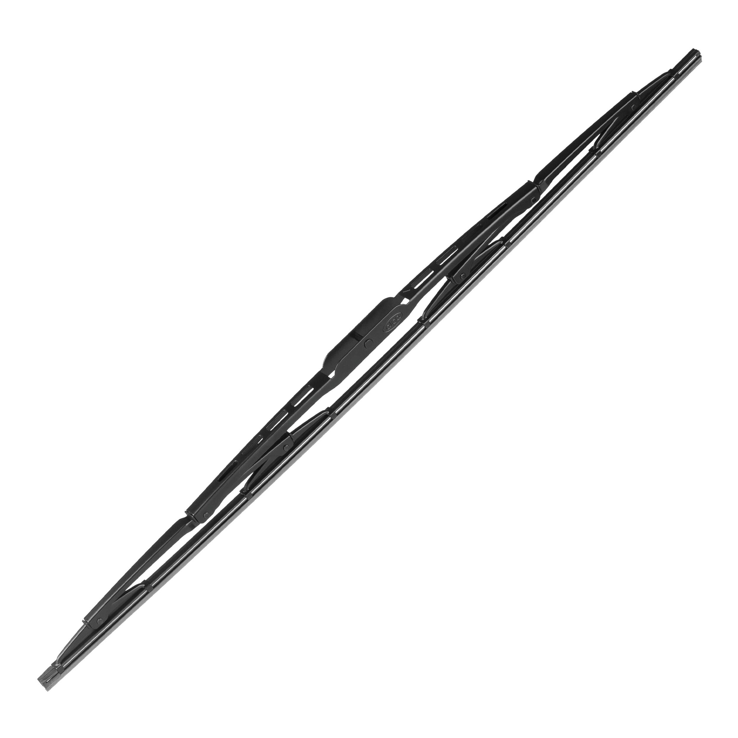 Schwarzes Scheibenwischerblatt diagonal auf weißem Hintergrund dargestellt.