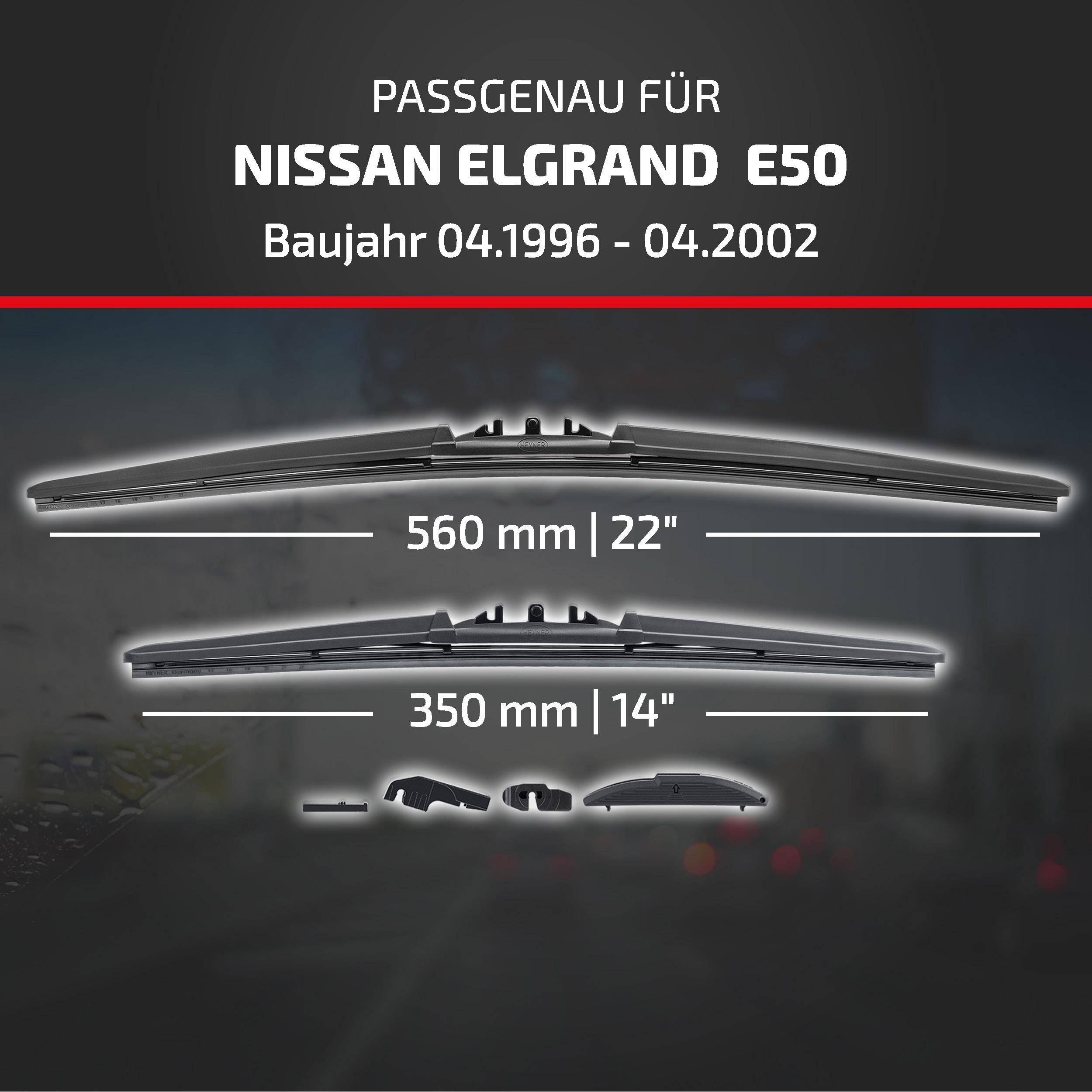 Werbeanzeige für Wischerblätter kompatibel mit Nissan Elgrand E50, Modelljahre 04.1996–04.2002, in den Größen 560 mm (22