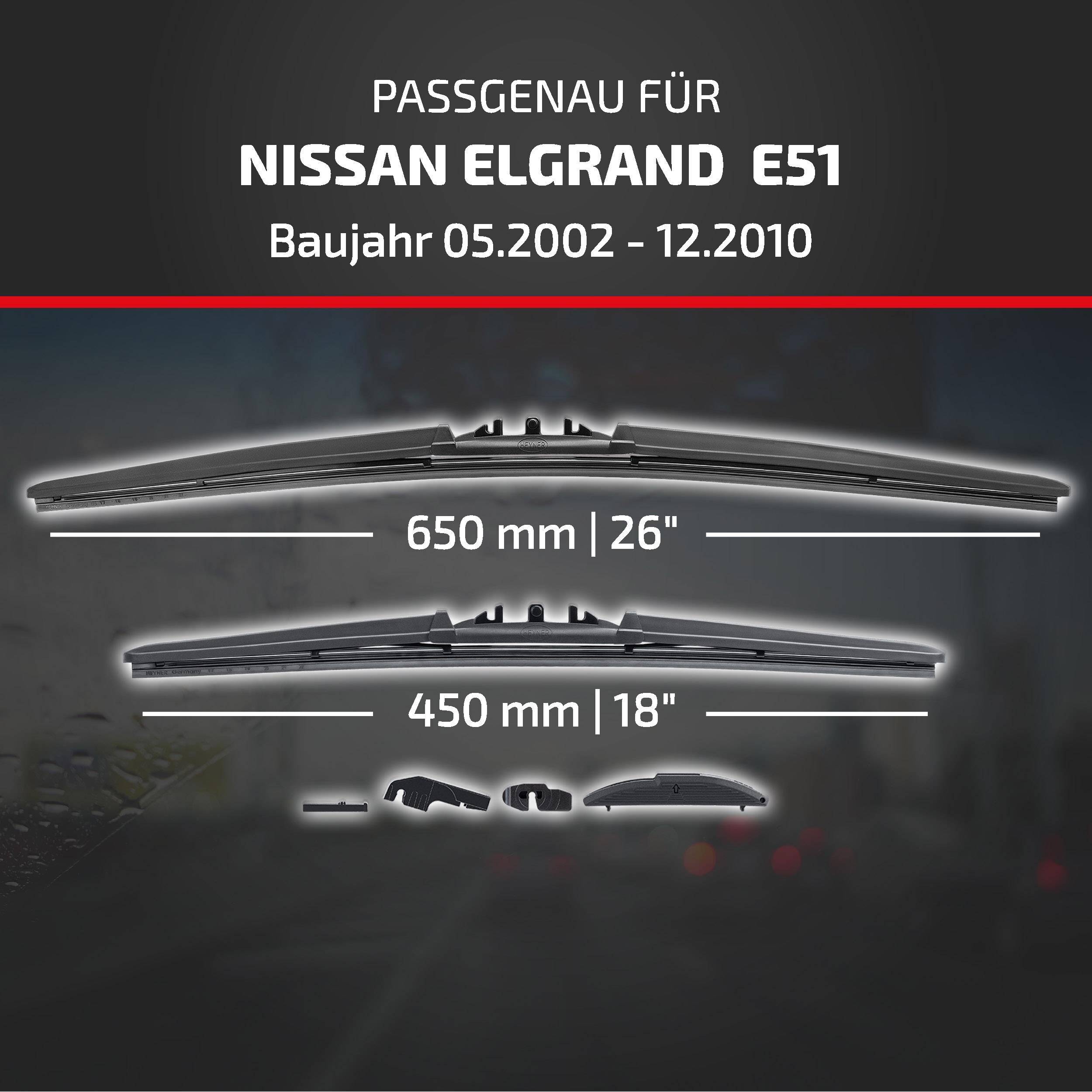 HEYNER® Scheibenwischer komp. mit NISSAN ELGRAND (05.2002 - 12.2010) HYBRID Flachbalkenwischer