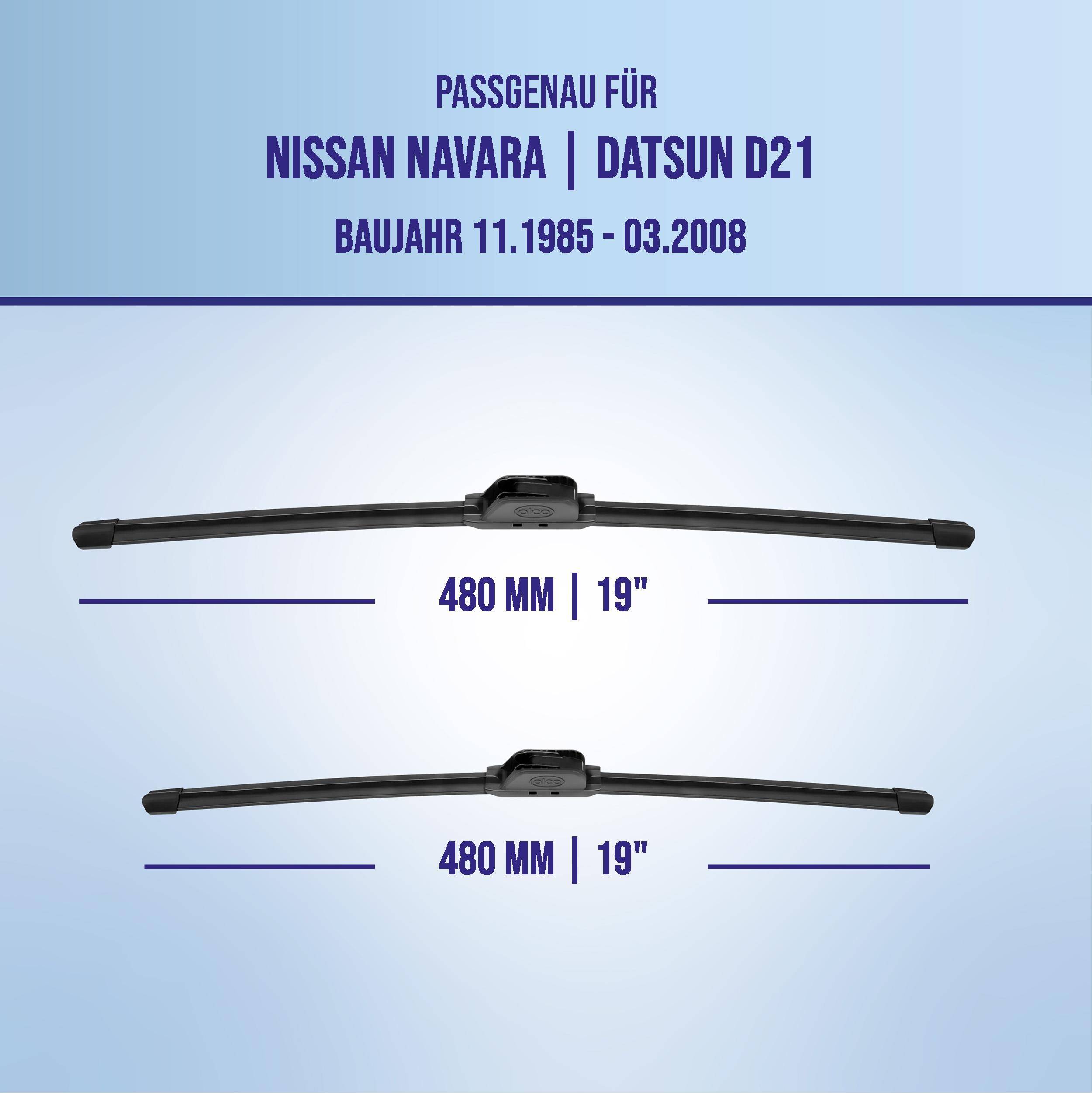 Kompatibilitätsgrafik für Nissan Navara/Datsun D21 (11.1985–03.2008) mit zwei Scheibenwischblättern à 480 mm (19