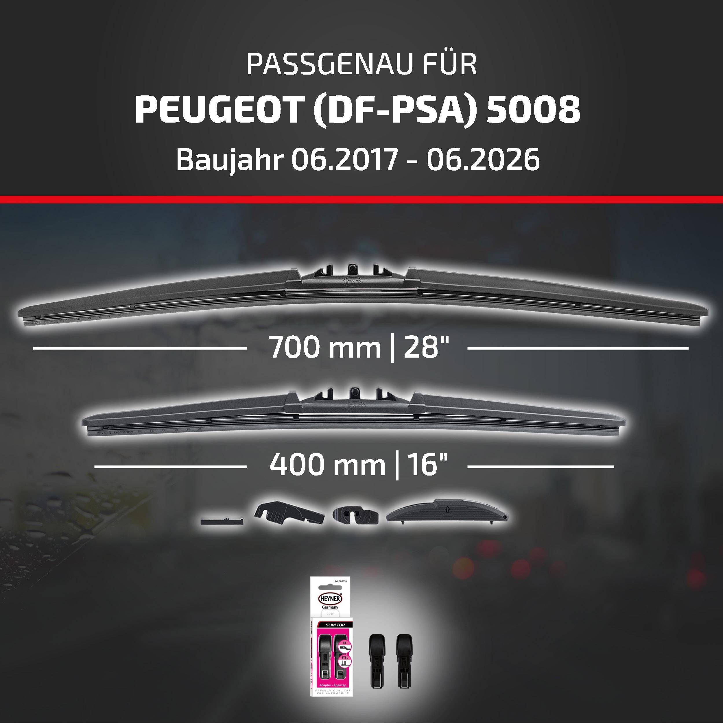 Kompatibilitätsgrafik für Peugeot (DF-PSA) 5008, Modelljahre 06/2017-06/2026, mit Wischergröße 700 mm und 400 mm sowie enthaltenem Adapterkitset.