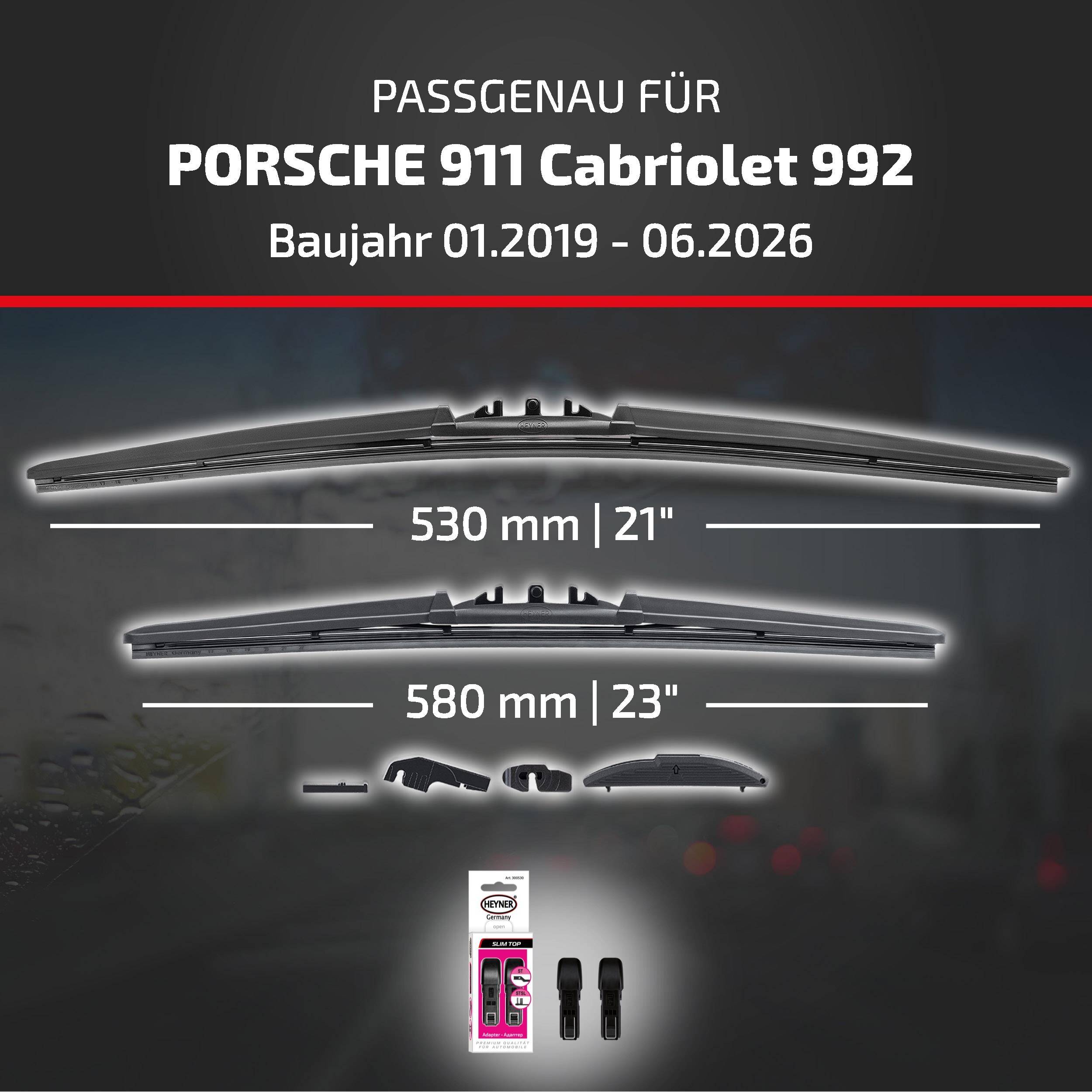 Kompatibilitätsgrafik für Porsche 911 Cabriolet 992, Modelljahre 01.2019-06.2026, mit Wischblattern in den Größen 530 mm (21