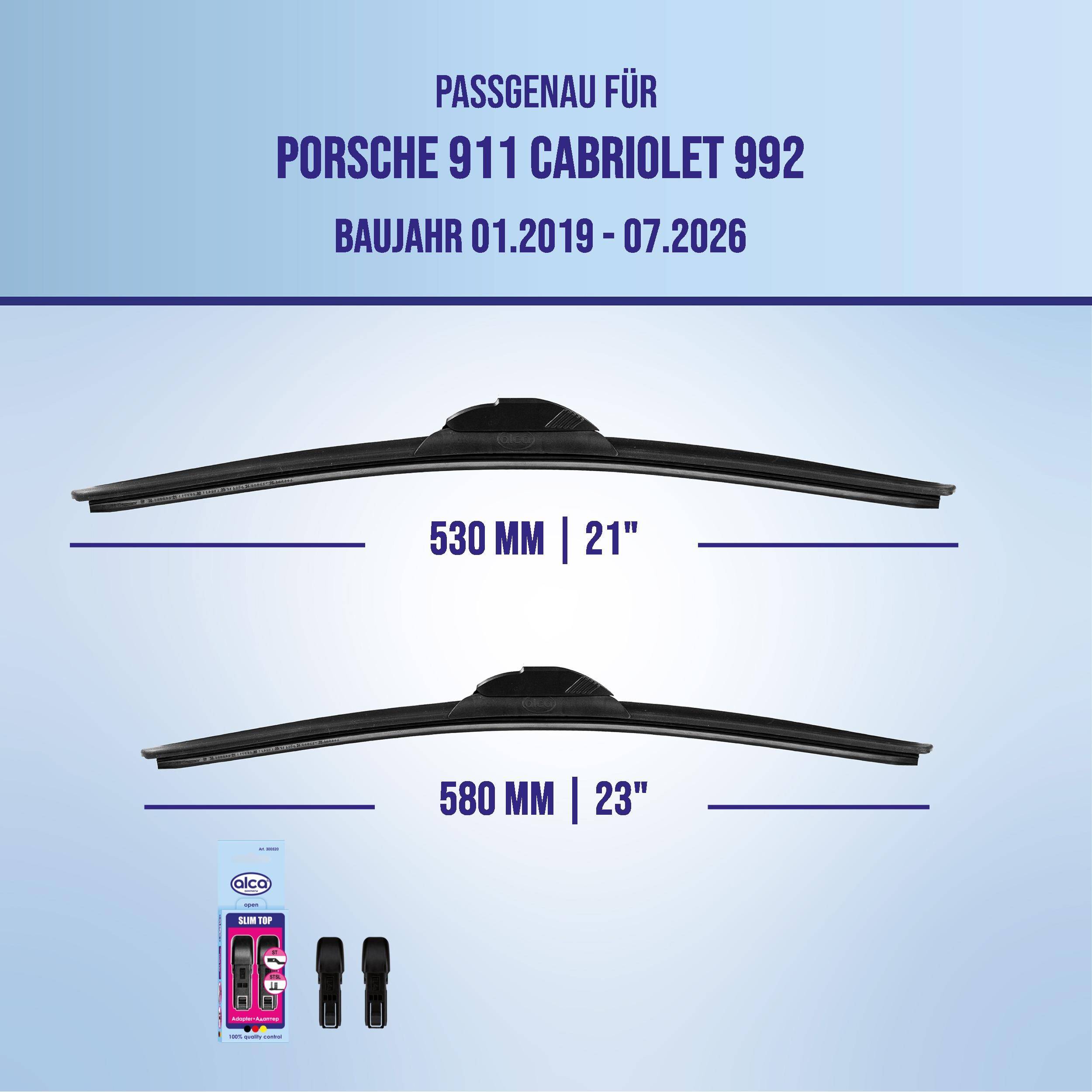 Kompatibilitätsgrafik für Porsche 911 Cabriolet 992 (Modelljahre 01.2019-07.2026), zeigt zwei Wischergröße: 530 mm (21