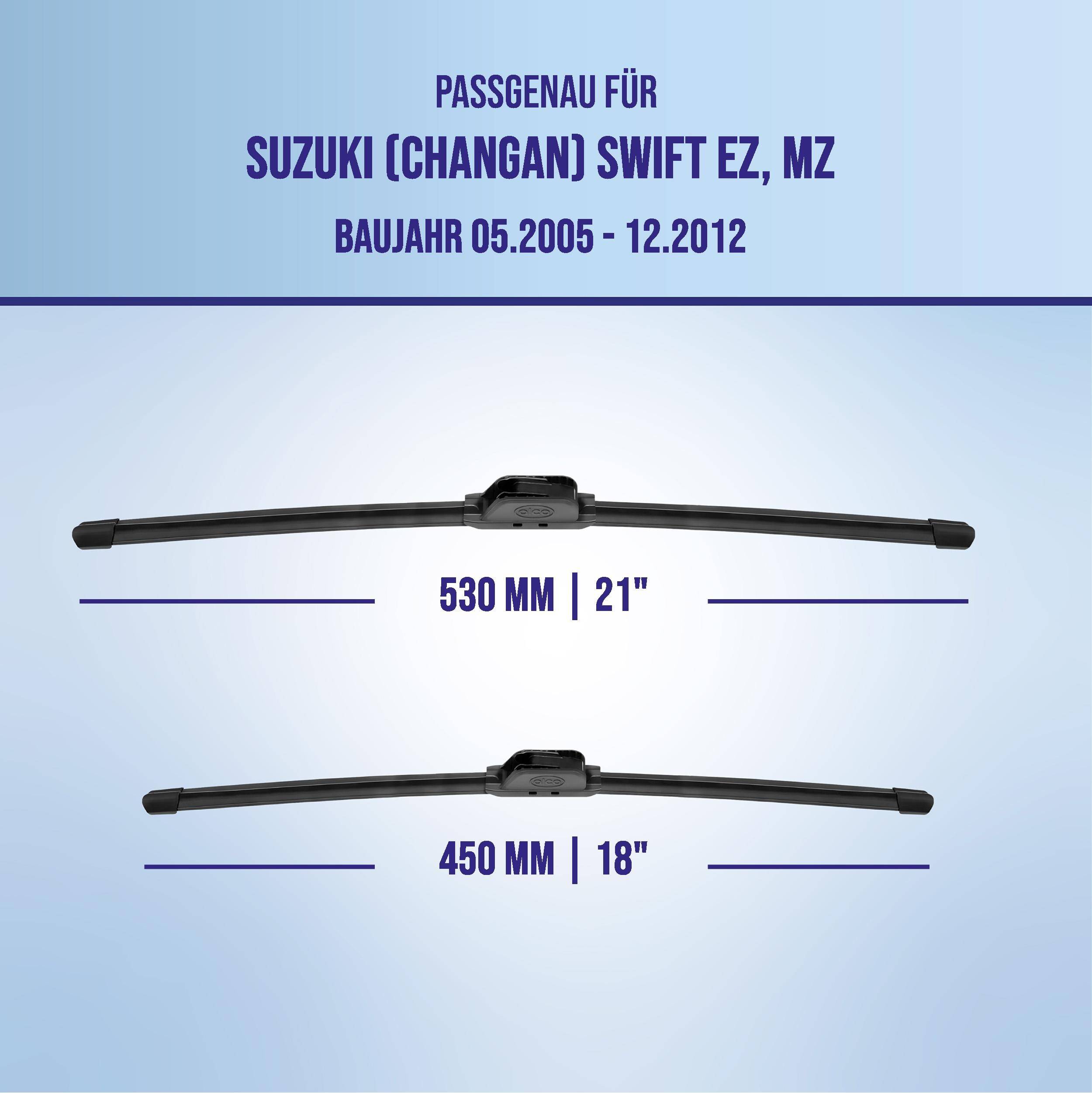 Kompatibilitätsgrafik für Suzuki (Changan) Swift EZ/MZ, Modelljahre 05.2005-12.2012, mit Wischerblattgrößen 530 mm (21
