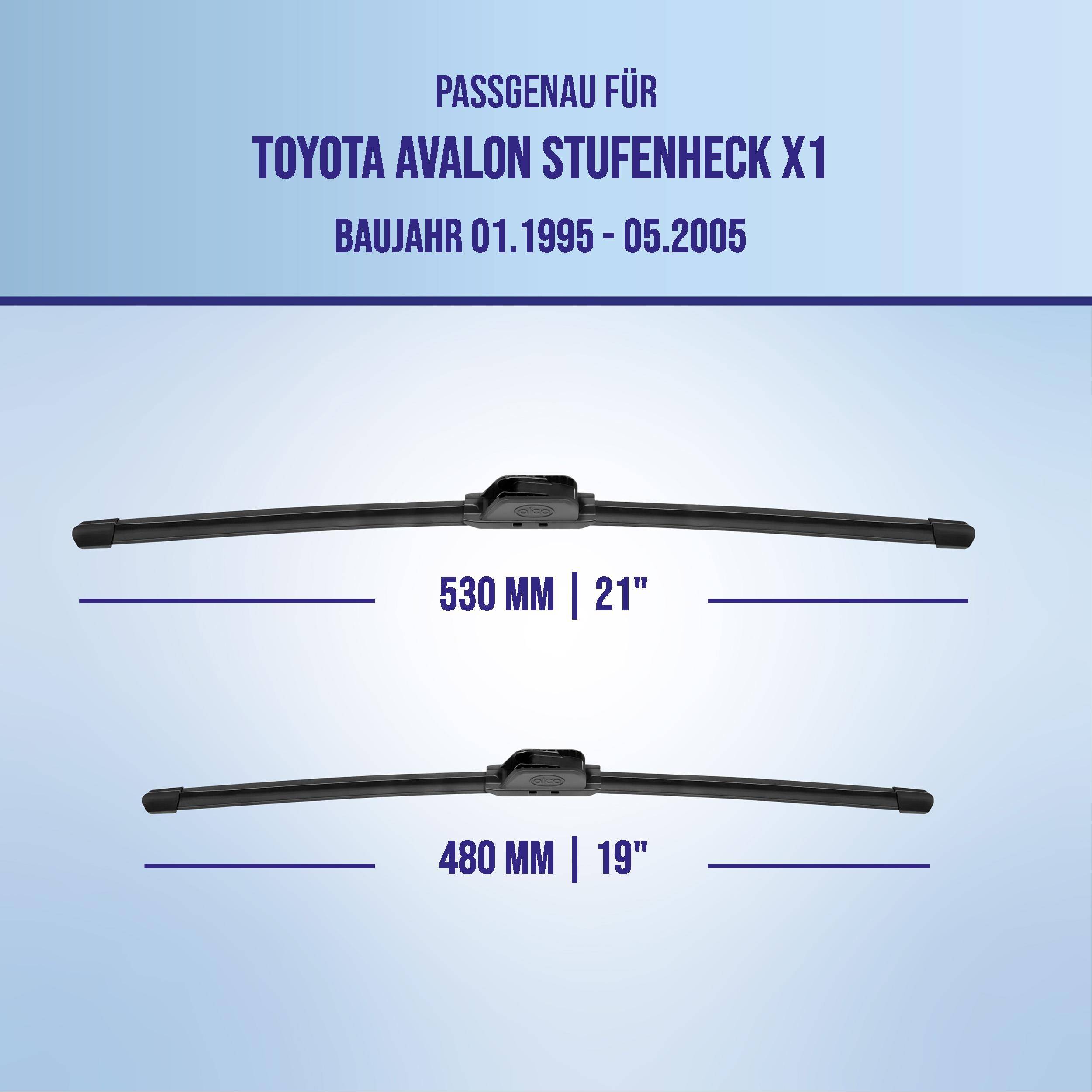 Kompatibilitätsgrafik für Scheibenwischer Toyota Avalon Stufenheck X1, Baujahre 01.1995-05.2005, mit Größen 530 mm (21