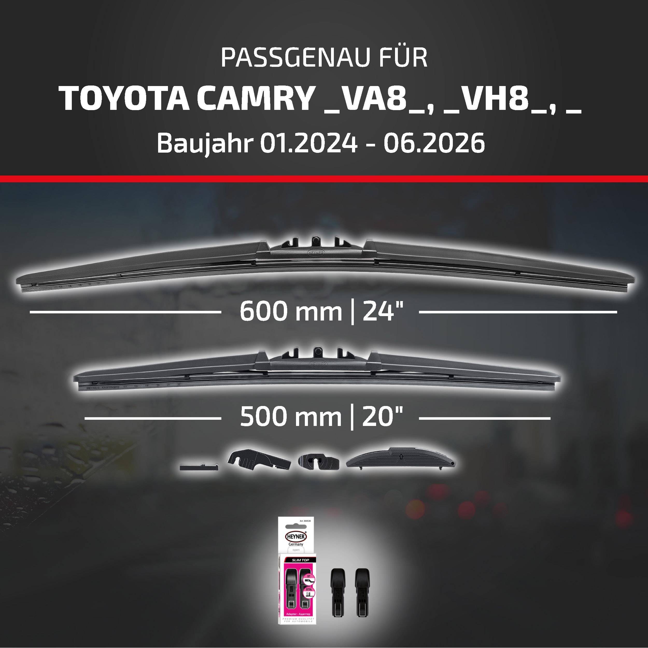 Infografik zeigt Wischerblätter, die mit Toyota Camry VA8/VH8 Modellen von 01.2024 bis 06.2026 kompatibel sind, Größen 600 mm (24