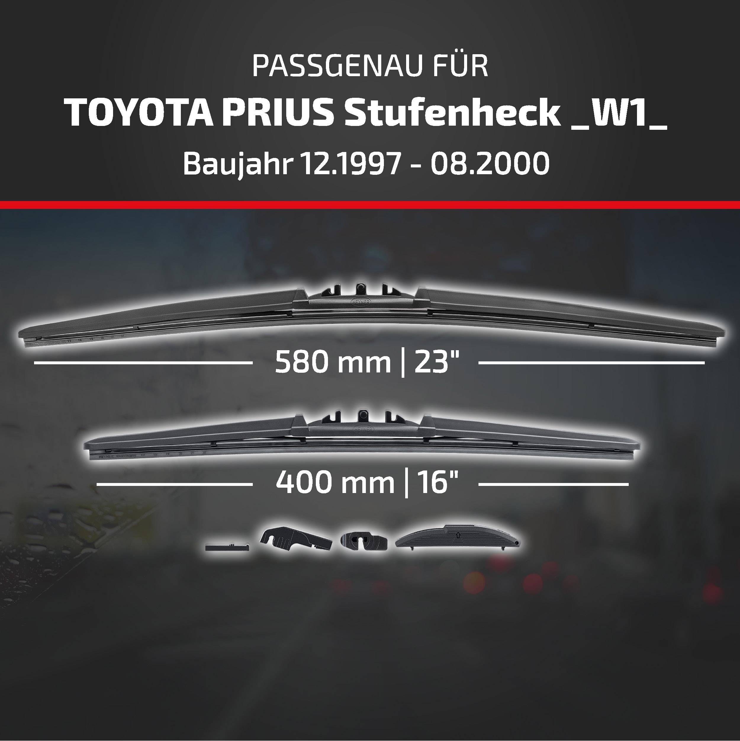 Grafik mit Scheibenwischern für Toyota Prius Stufenheck W1, Modelljahre 12.1997-08.2000, mit Größen 580 mm (23