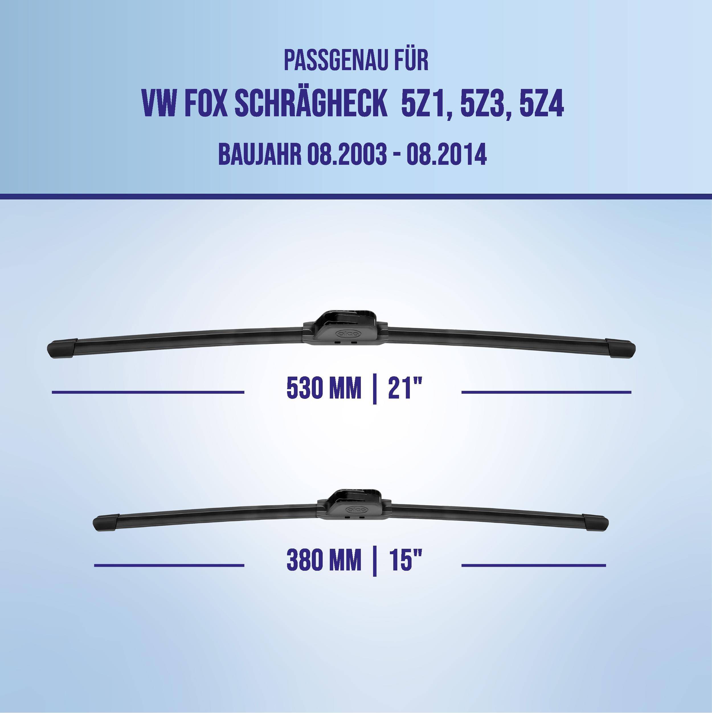 Scheibenwischblätter für VW Fox, Modelle 5Z1, 5Z3, 5Z4, Modelljahre 08.2003-08.2014; Größen 530 mm (21