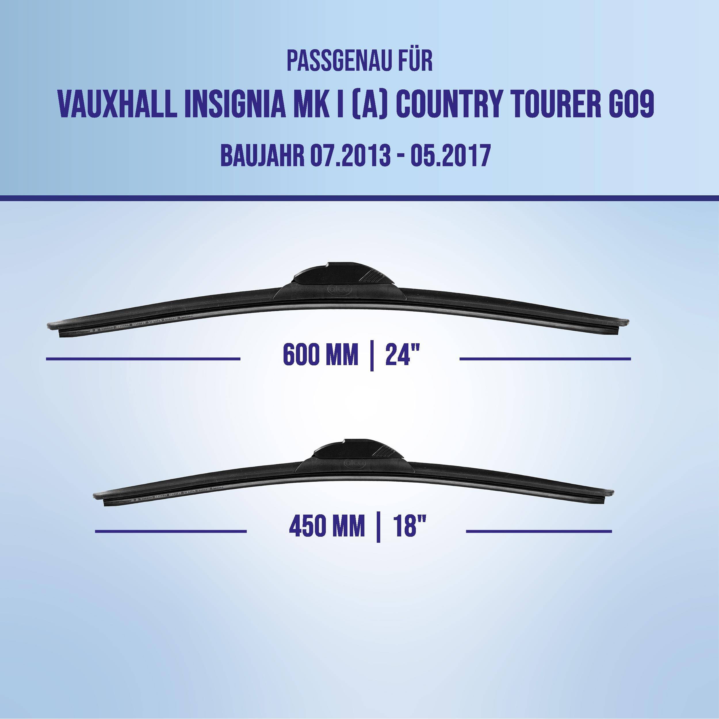 Infografik mit kompatiblen Wischblättern für Vauxhall Insignia Mk I (A) Country Tourer G09, Modelljahre 07.2013-05.2017: 600 mm (24