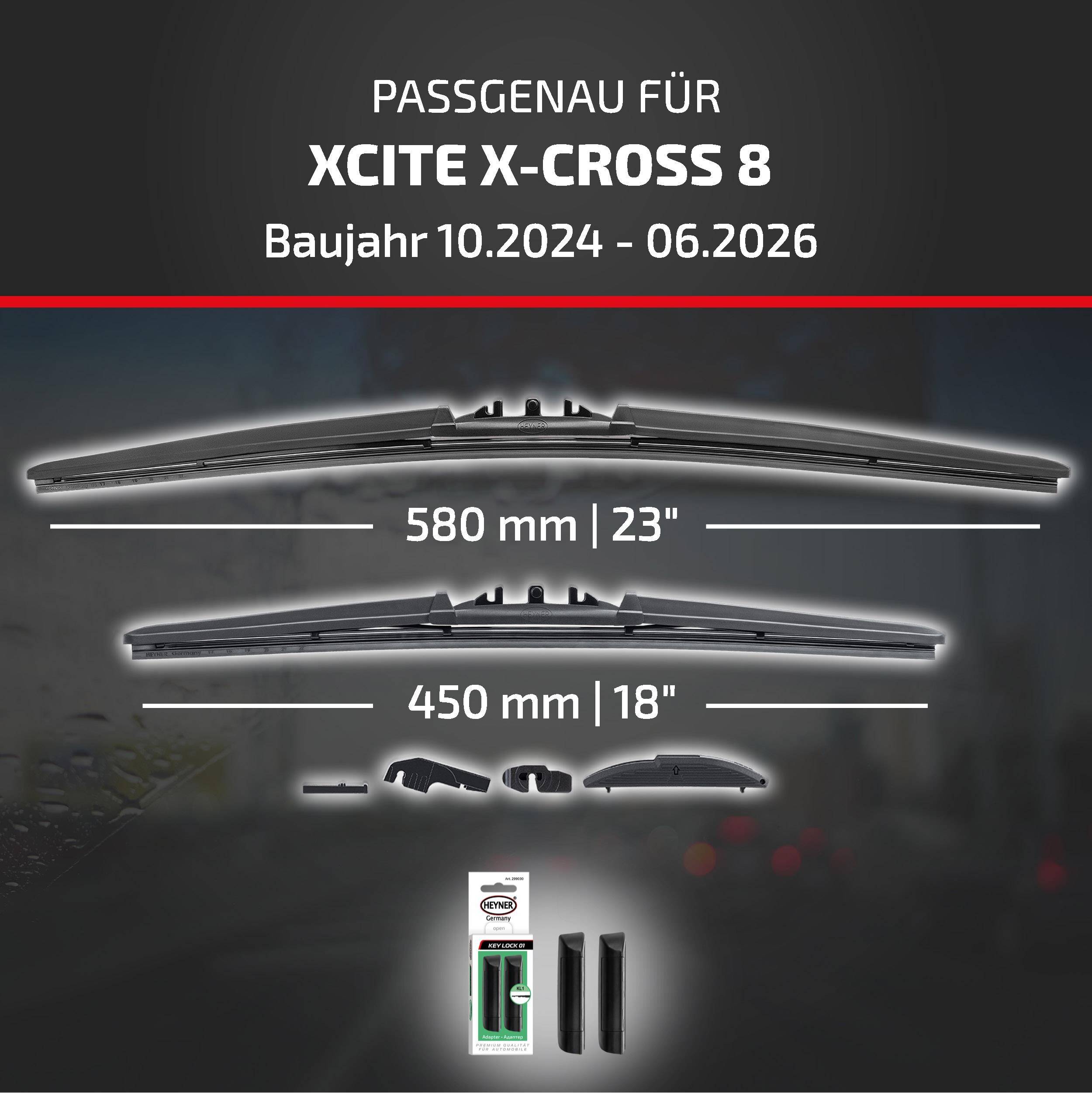 Kompatibilitätsgrafik für XCITE X-CROSS 8 (Modelljahr 10.2024-06.2026), zeigt Wischergröße 580 mm (23
