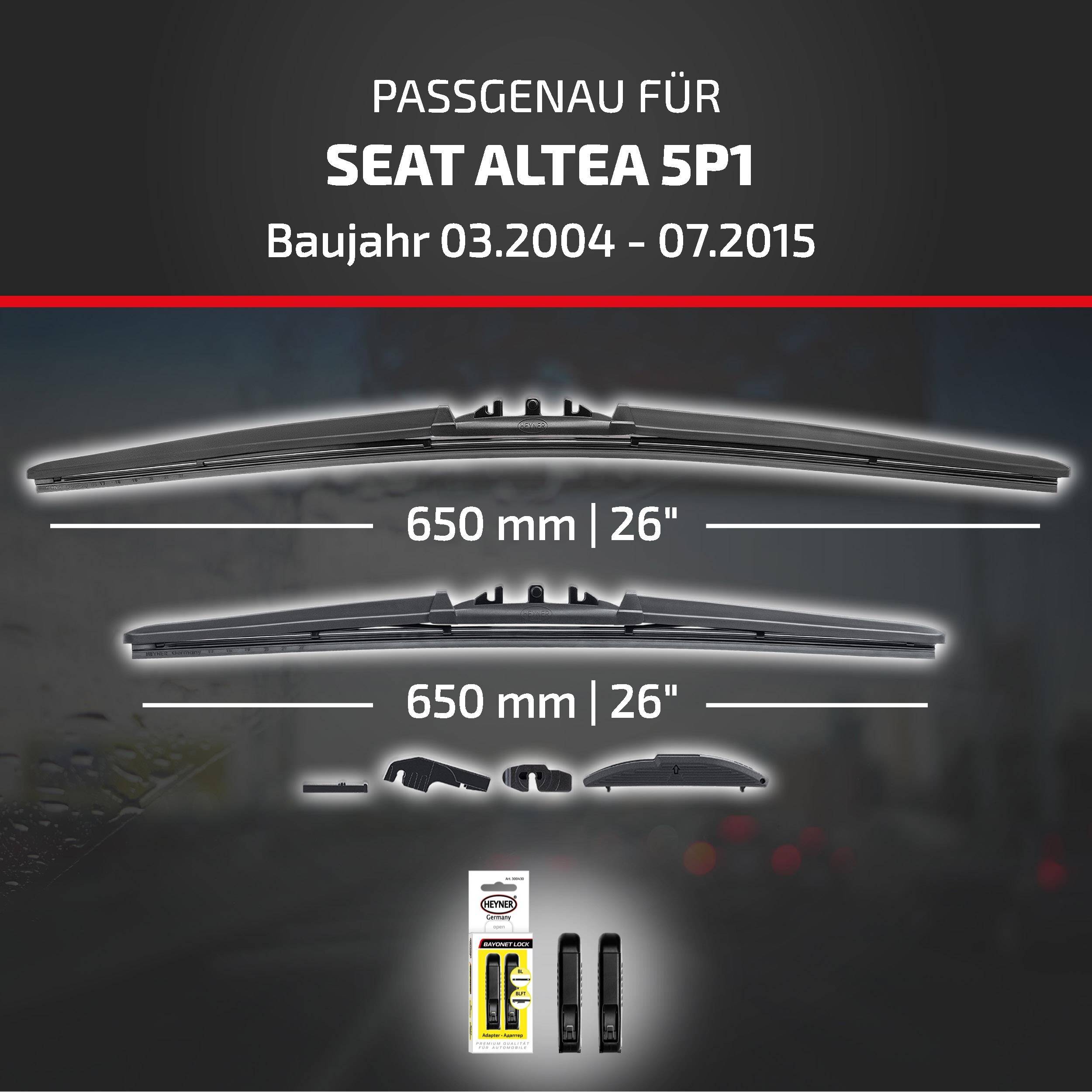Produktgrafik mit Wischerblättern, die mit Seat Altea 5P1 kompatibel sind, Modelljahre 03.2004–07.2015, Größe 650 mm (26 Zoll) für beide Blätter.