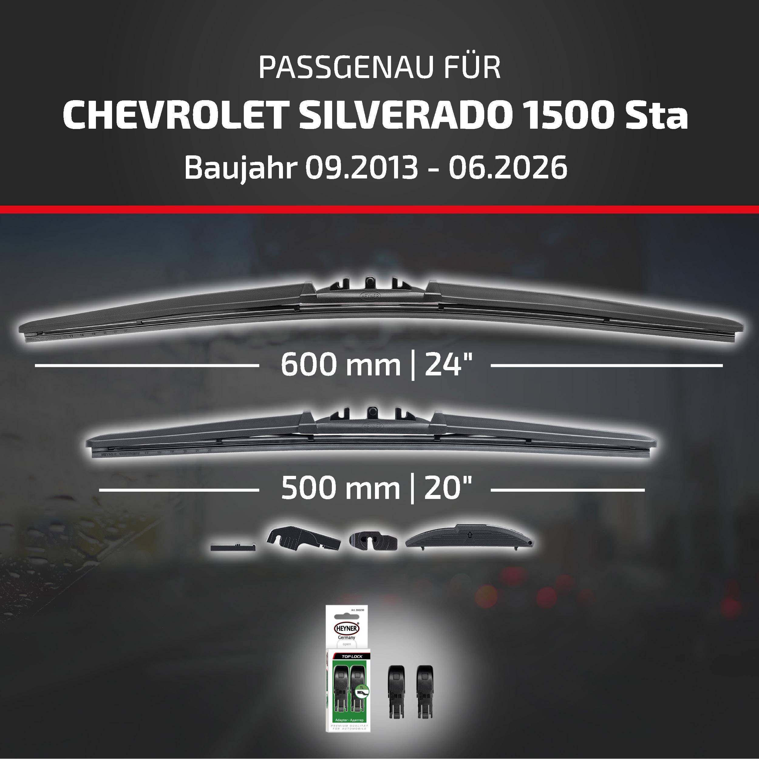 Kompatibilitätsgrafik für Chevrolet Silverado 1500 Sta, Modelljahre 09.2013-06.2026, zeigt Wischergröße von 600 mm (24) und 500 mm (20) mit Adapterset.