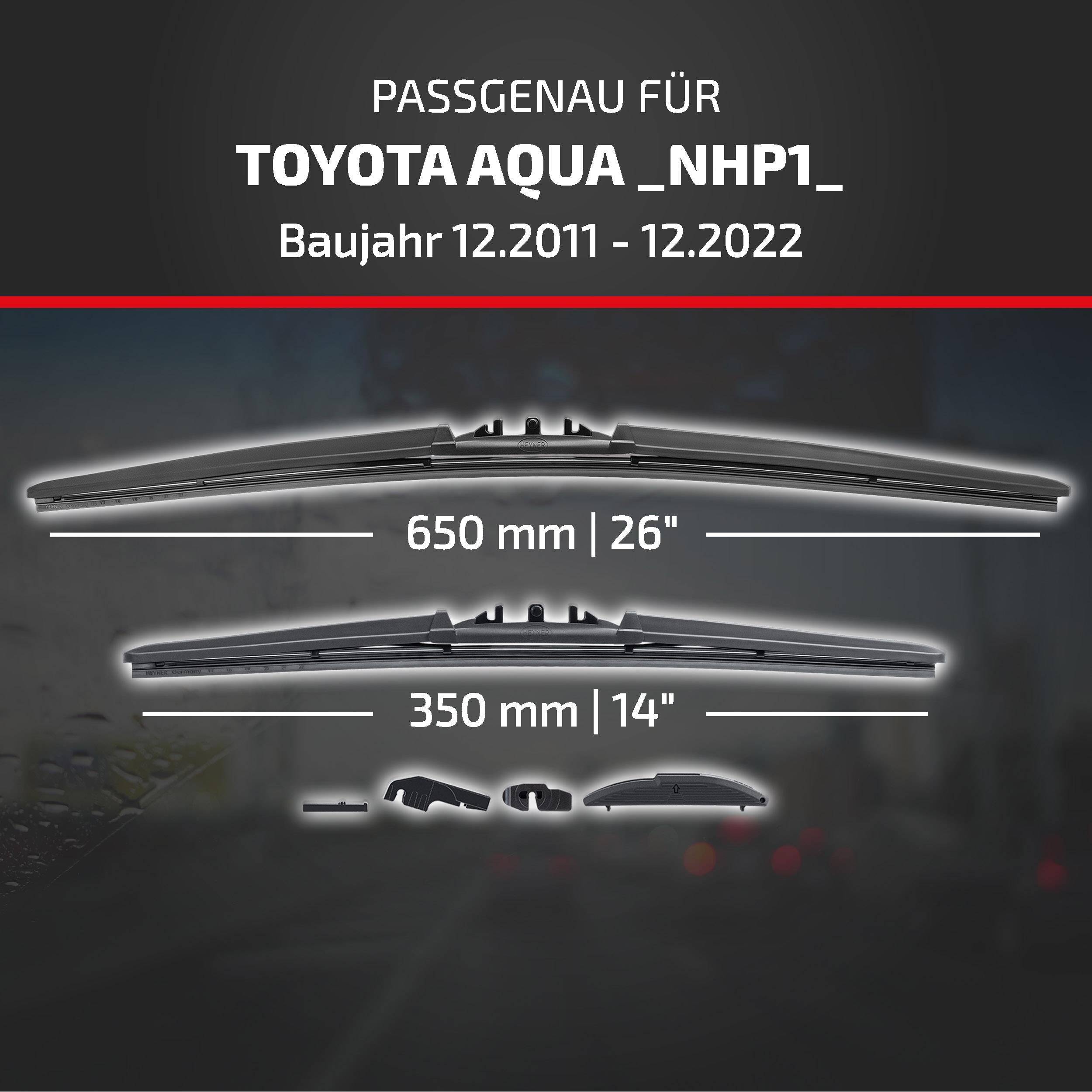 Kompatibilitätsgrafik für Toyota Aqua NHP1, Modelljahre 12.2011-12.2022, mit empfohlenen Wischergrössen: 650 mm (26