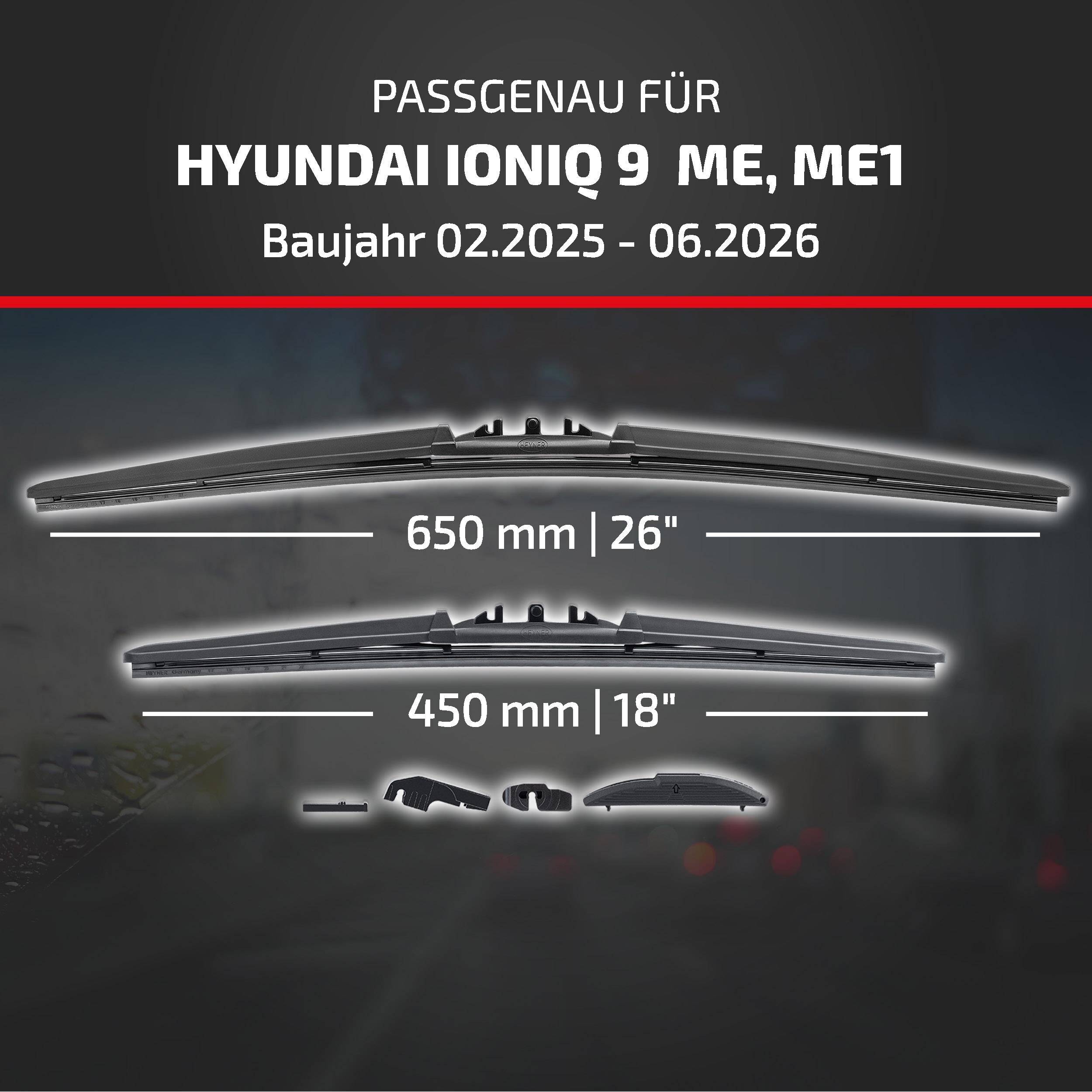 HEYNER® Scheibenwischer für HYUNDAI IONIQ 9 02.2025 - 08.2026, HYBRID Flachbalkenwischer,