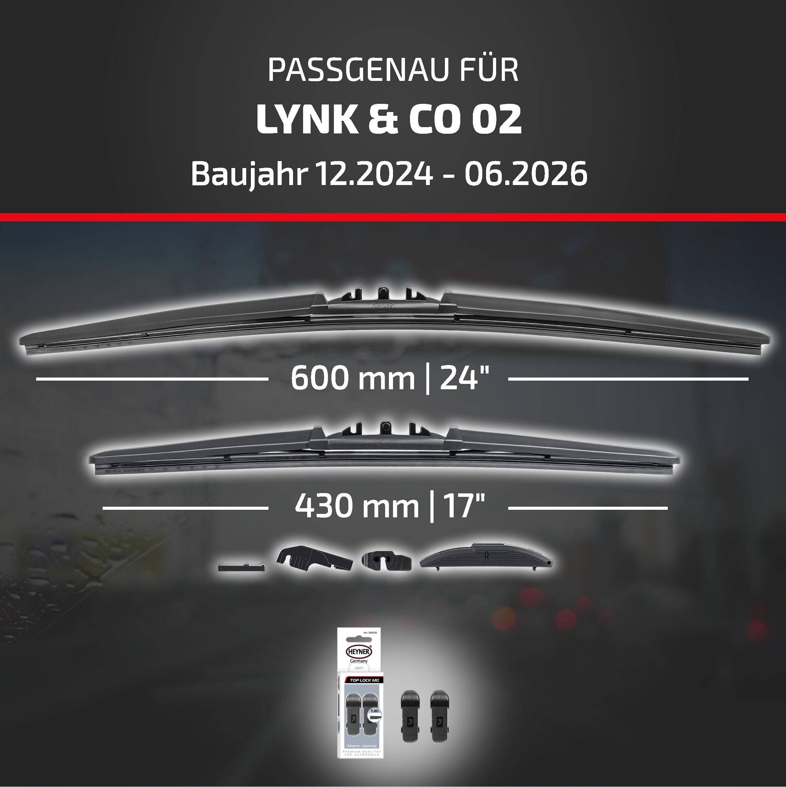 Passt sich an Lynk & Co 02, Modelljahre 12.2024-06.2026 an; zeigt zwei Scheibenwischerlängen: 600 mm (24