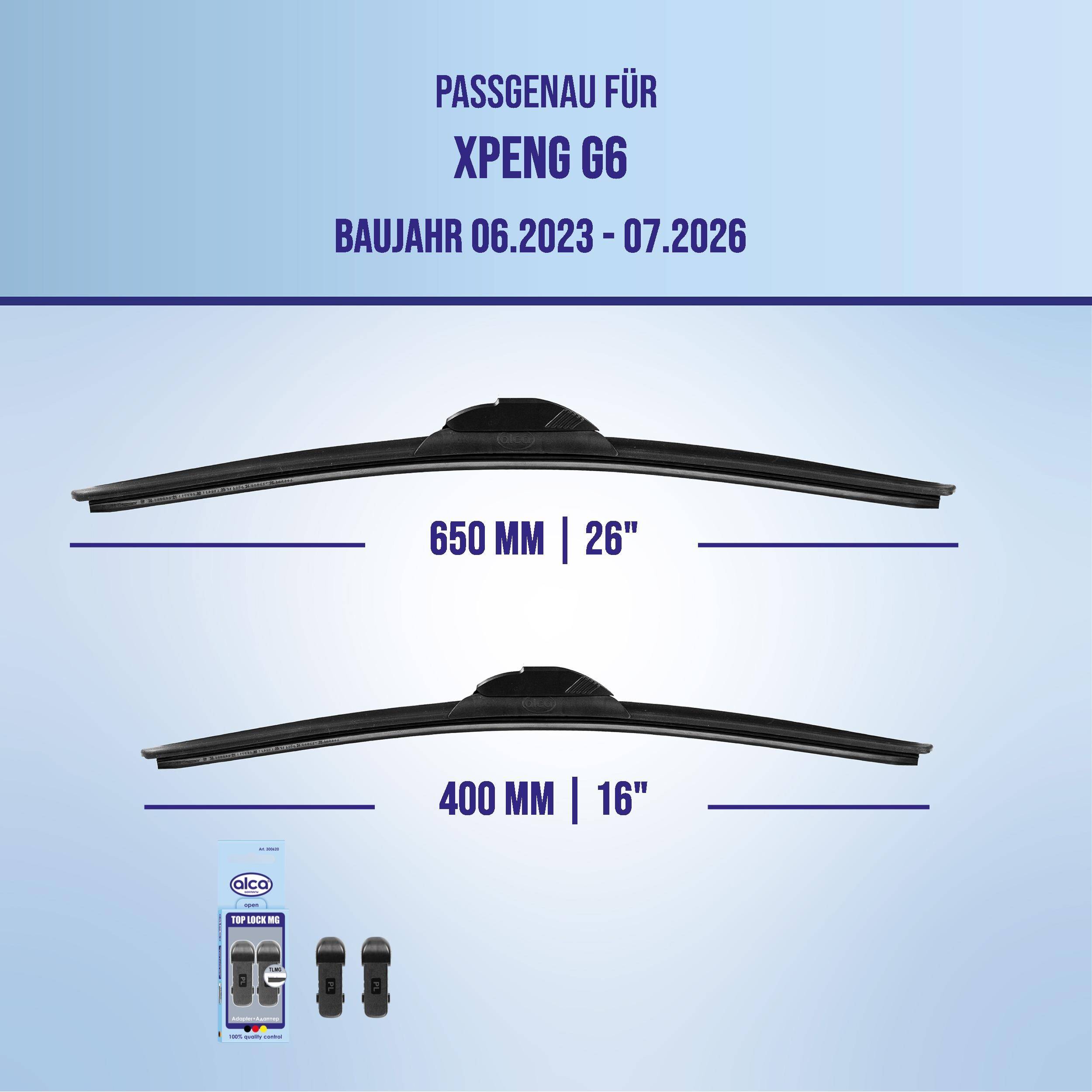 Kompatibilitätsgrafik für XPENG G6 Baujahr 06.2023-07.2026, zeigt zwei Scheibenwischergröße: 650 mm (26