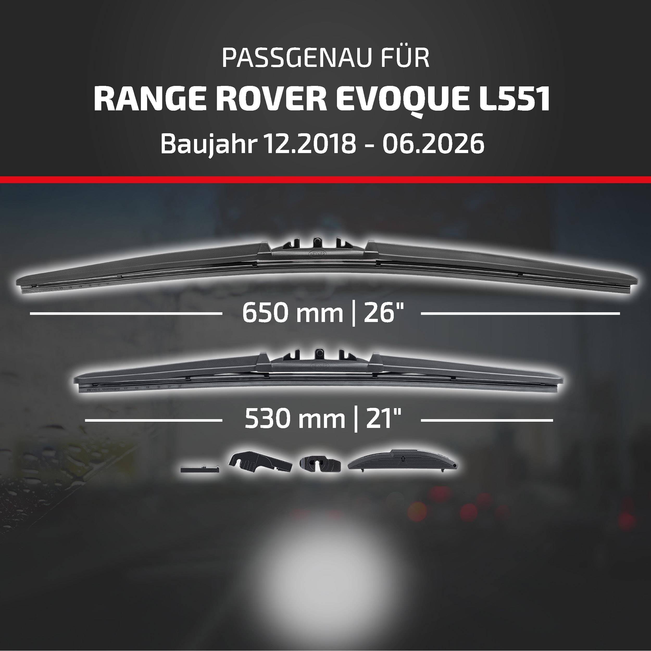 Kompatibilitätsgrafik für Range Rover Evoque L551, Modelljahre 12/2018–06/2026, mit zwei Wischergößen: 650 mm (26